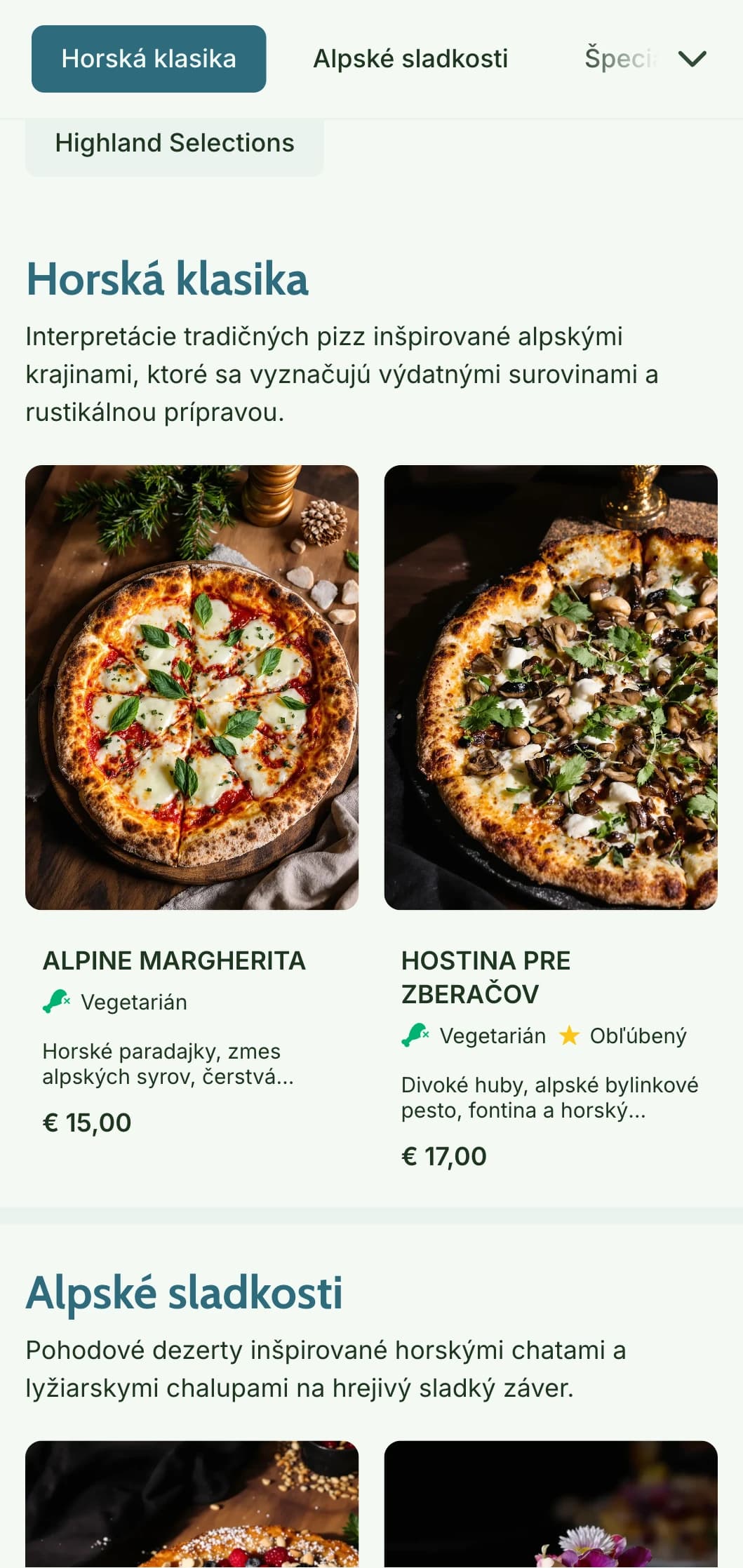 Ponuka pizze inšpirovaná horami s prírodnými prvkami a rustikálnou alpskou estetikou.
