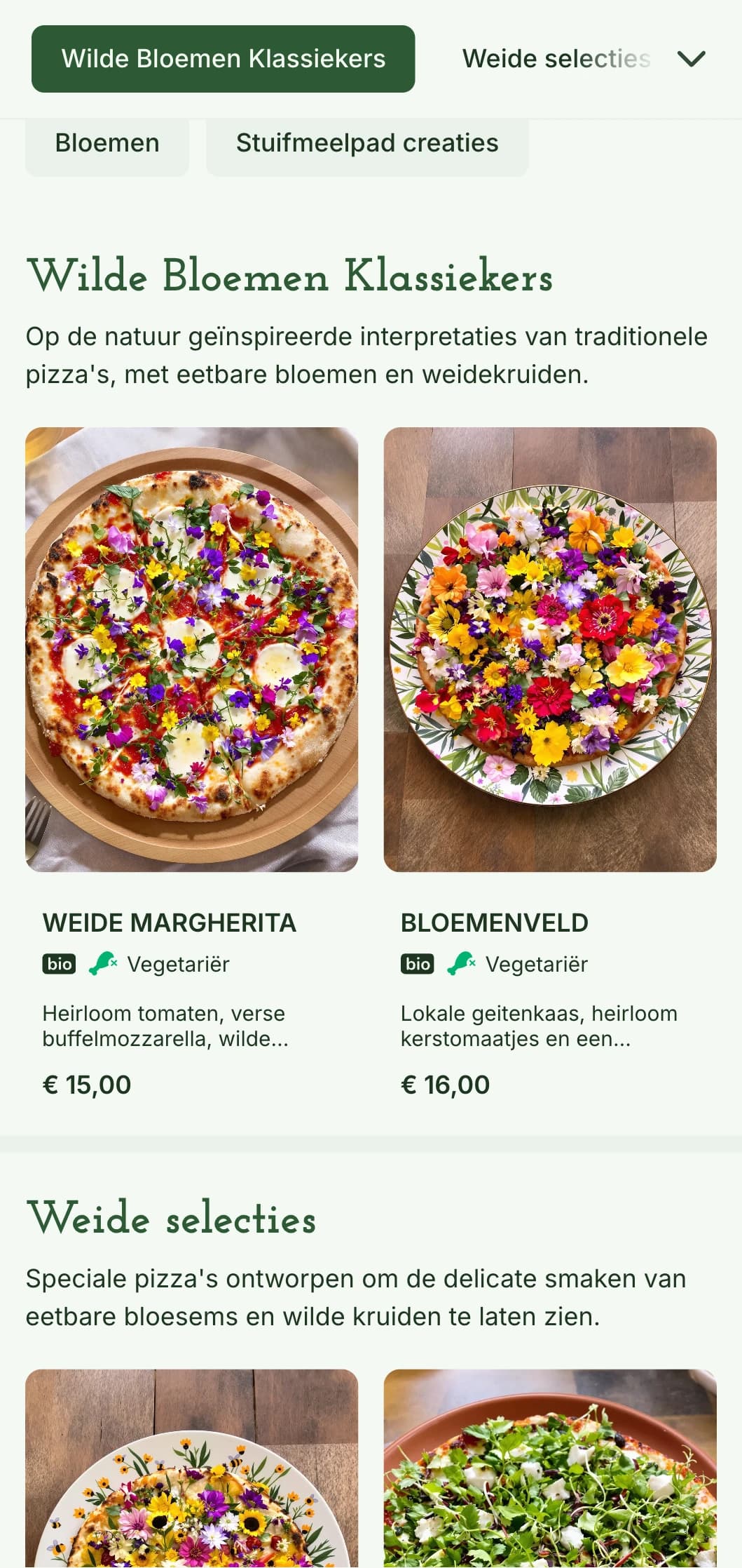 Op wilde bloemen geïnspireerd pizzamenu met de nadruk op lokale, gekweekte ingrediënten en natuurlijke presentatie.