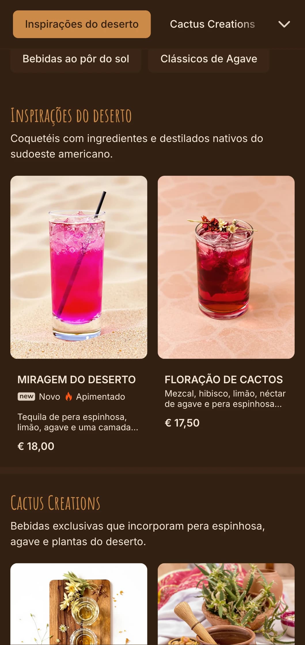 Paleta quente inspirada no deserto com motivos do sudoeste para bares de tequila e mezcal.