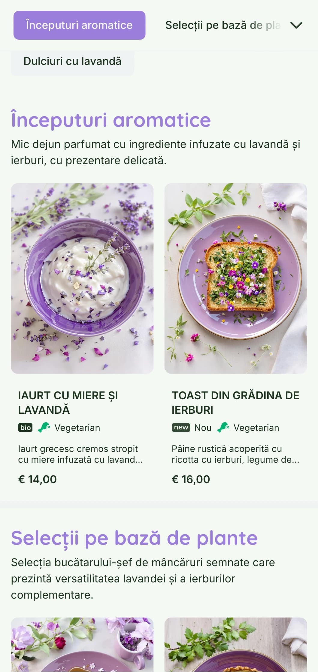 Șablon de brunch parfumat, cu accente purpurii, inspirat din Provence, potrivit pentru cafenele orientate spre plante și decoruri de grădină.