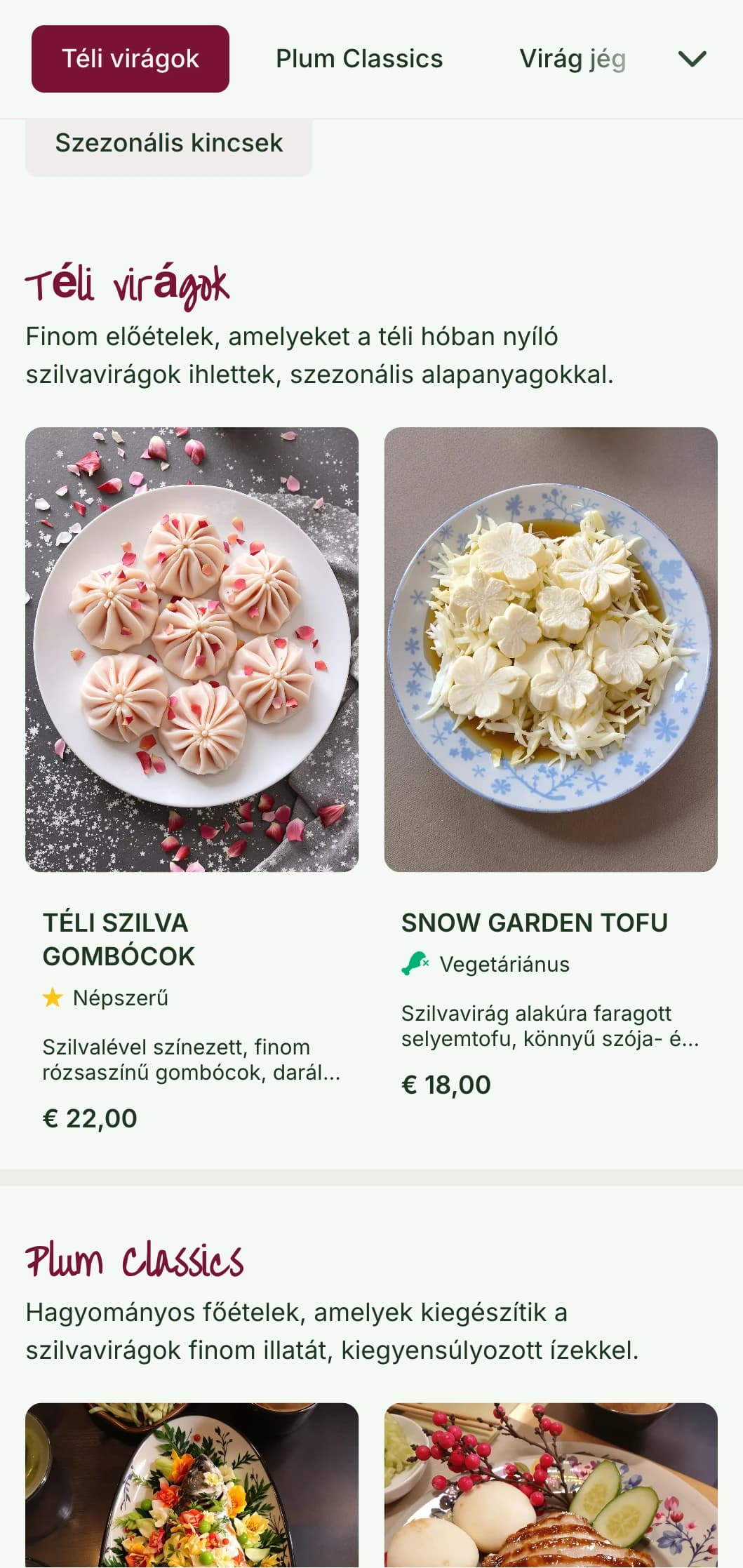 Szilvavirágok által inspirált friss kínai menü design, finom mintákkal a szezonális téli és tavaszi konyha számára.