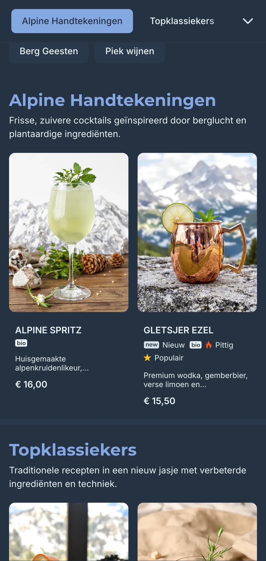 Fris blauwgrijs ontwerp met bergmotieven voor een verhoogde, schone cocktailervaring.