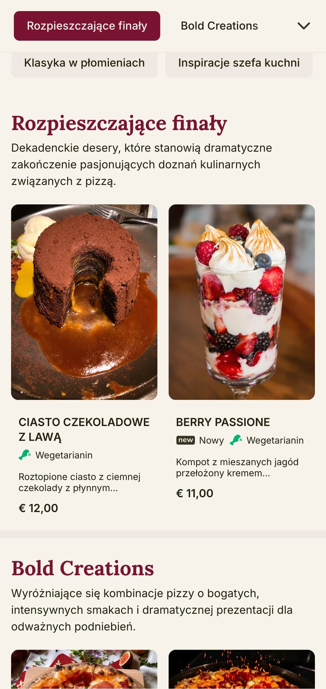 Odważny i pełen pasji projekt menu pizzy z bogatą kolorystyką i elementami teatralnymi dla pizzerii o wyrazistym charakterze.