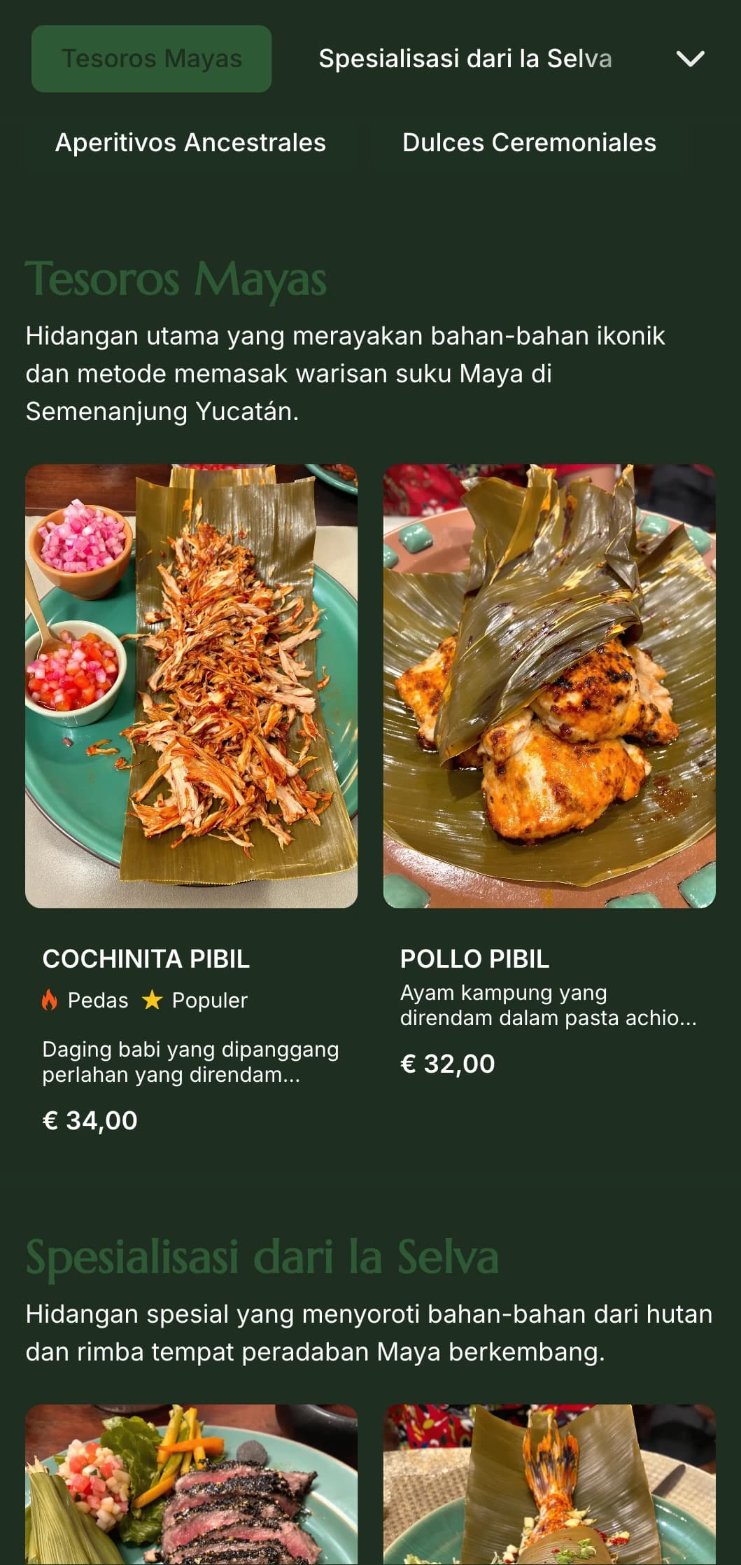Menu misterius dan elegan yang terinspirasi oleh budaya Maya yang menampilkan aksen hijau giok, simbolisme kuno, dan hidangan khas Semenanjung Yucatán.
