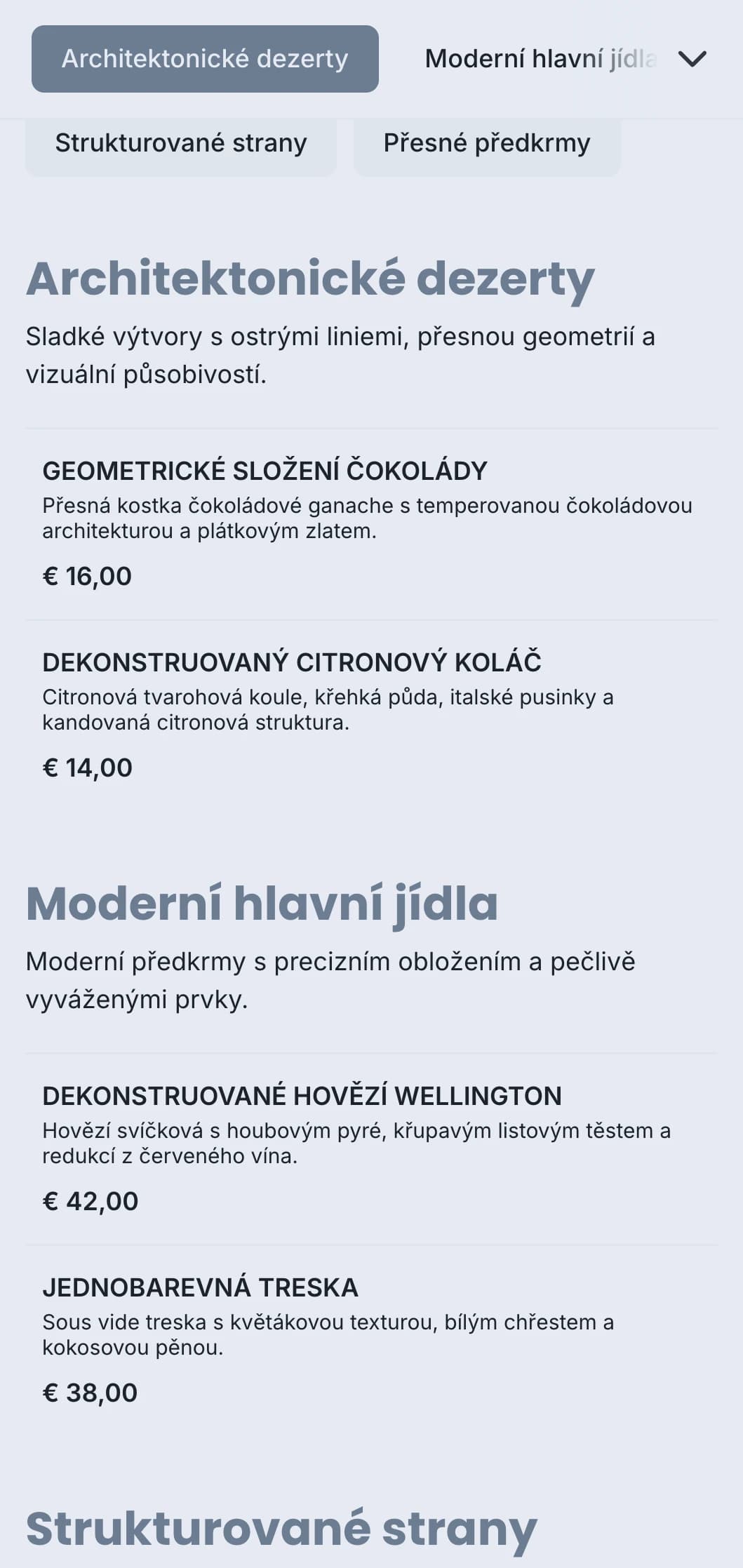 Čistý, strukturovaný cateringový design s geometrickým obložením, přesnými porcemi a monochromatickými barvami pro moderní události.