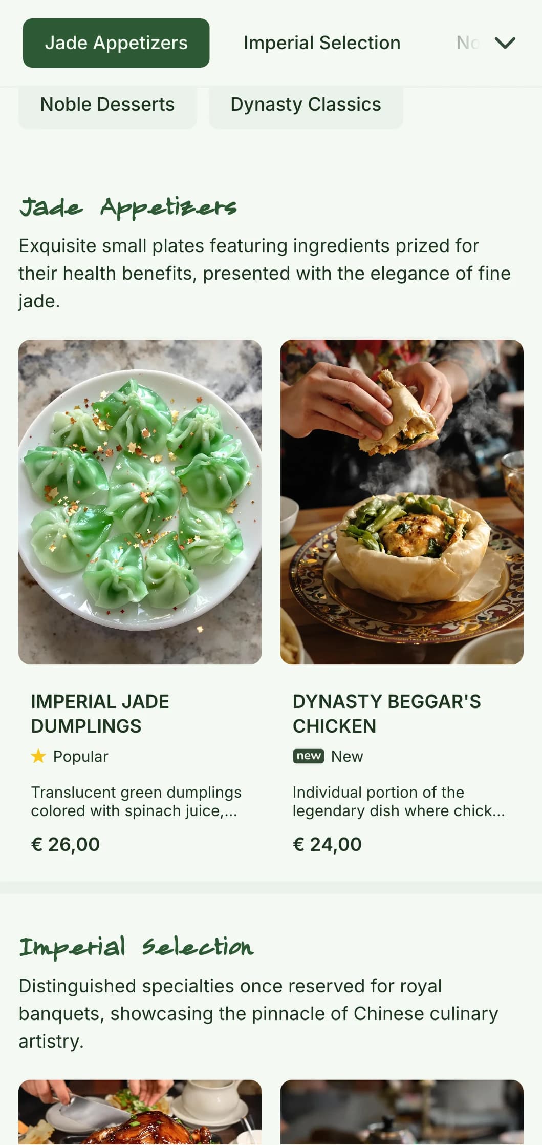 Elegant Chinese menu design featuring jade motifs and dynasty-inspired elements for upscale restaurants and banquet services.