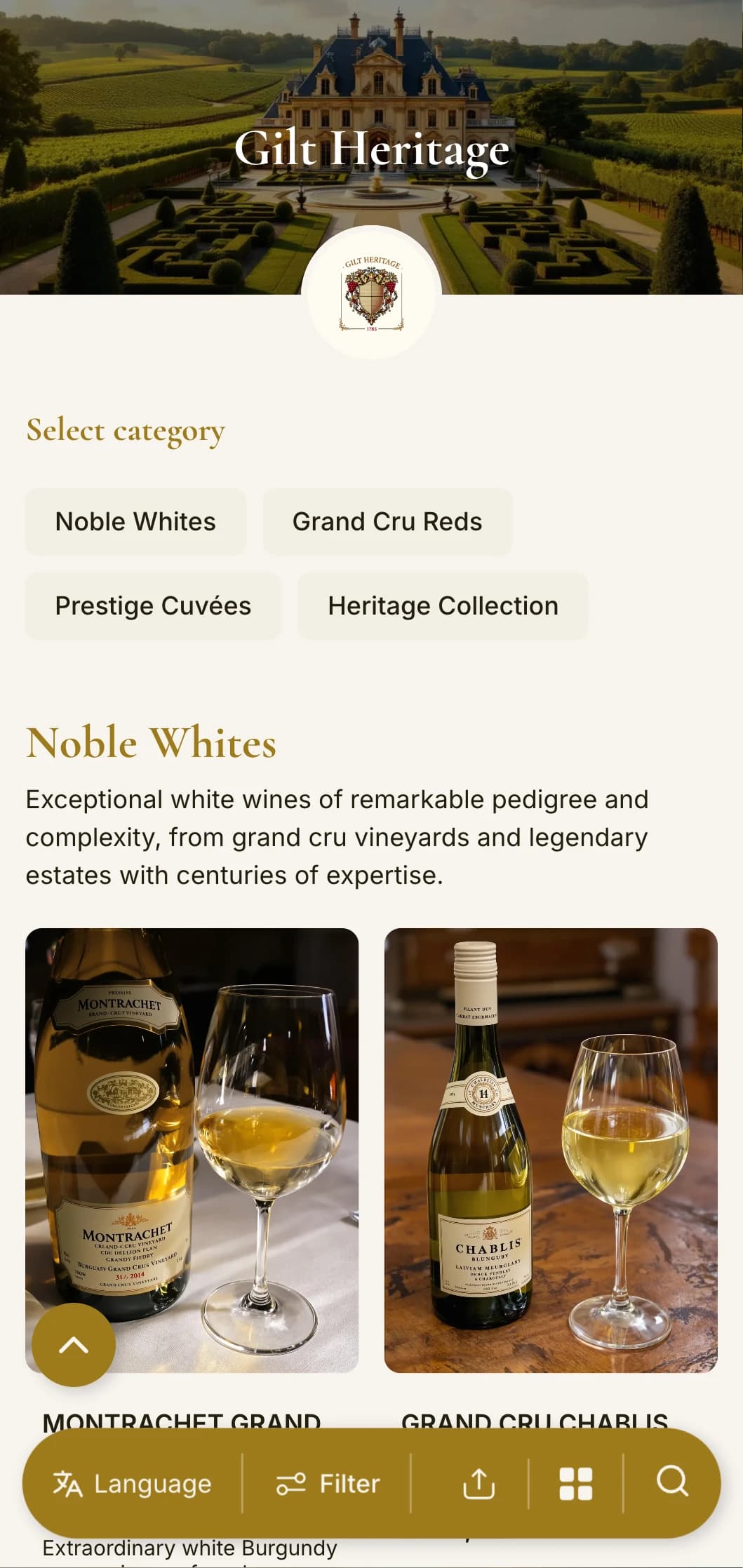 Luxuriously traditional wine list template with gold accents and heritage elements, perfect for established wineries and classic fine dining restaurants.