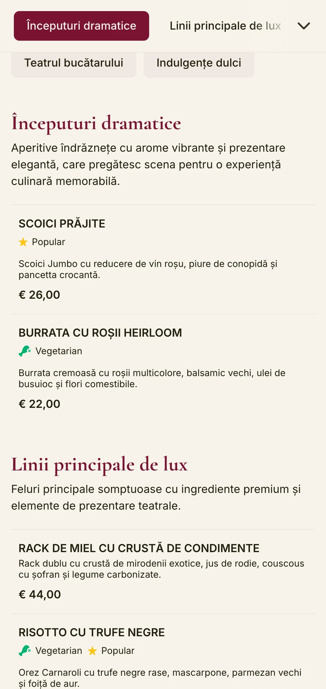 Un meniu de cină îndrăzneț și dramatic, cu tonuri de roșu intens și elemente luxoase, conceput pentru localuri de luat masa de lux, cu un fler teatral.