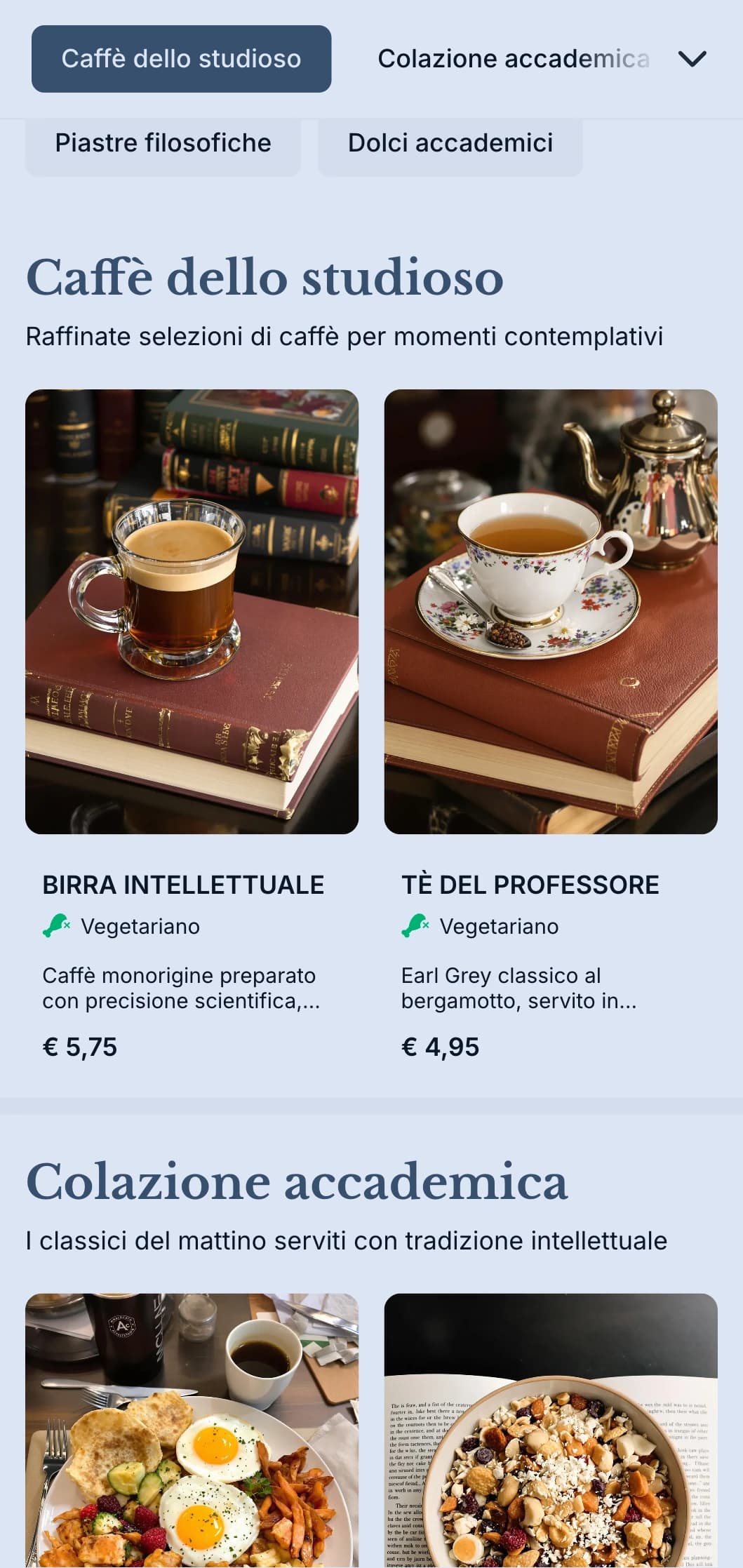 Sofisticato design navy con elementi accademici per caffetterie adiacenti all'università.
