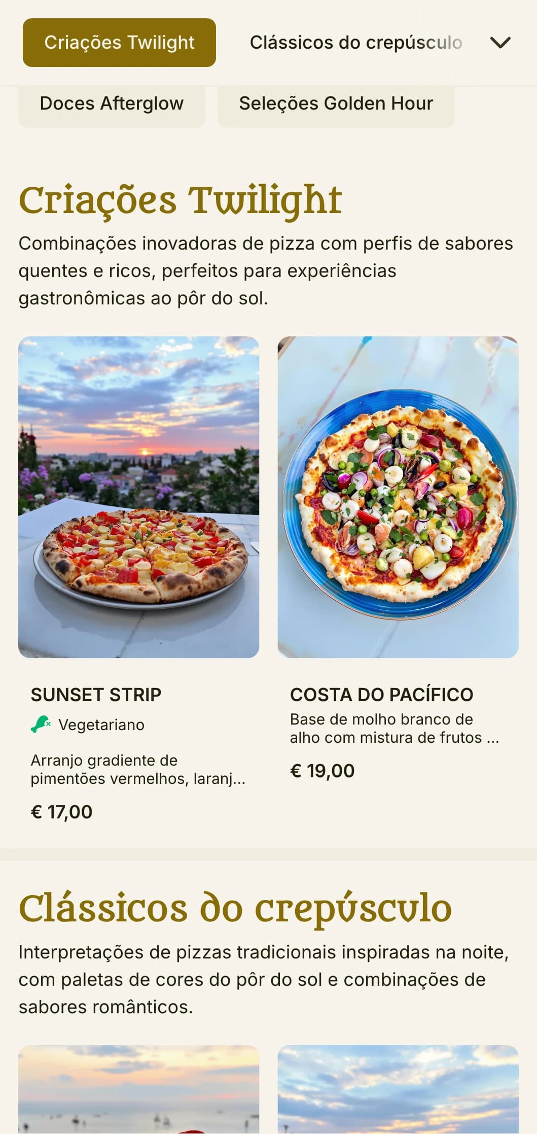Cardápio vibrante de pizza com tema noturno, com paleta de cores do pôr do sol e elementos românticos.