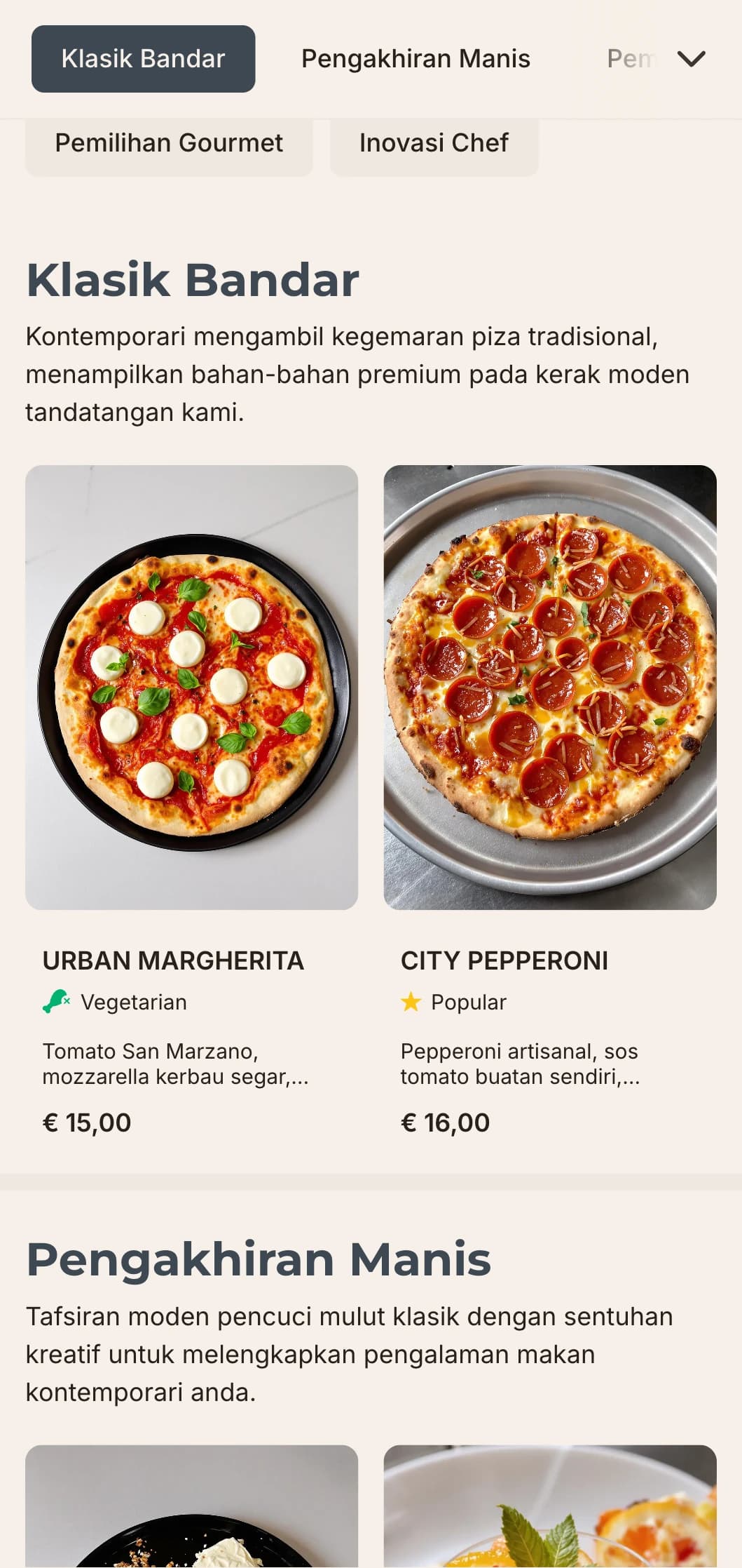 Reka bentuk menu piza kontemporari dengan garisan yang bersih dan estetika minimalis, sesuai untuk restoran pizza bandar dengan pendekatan yang anggun.