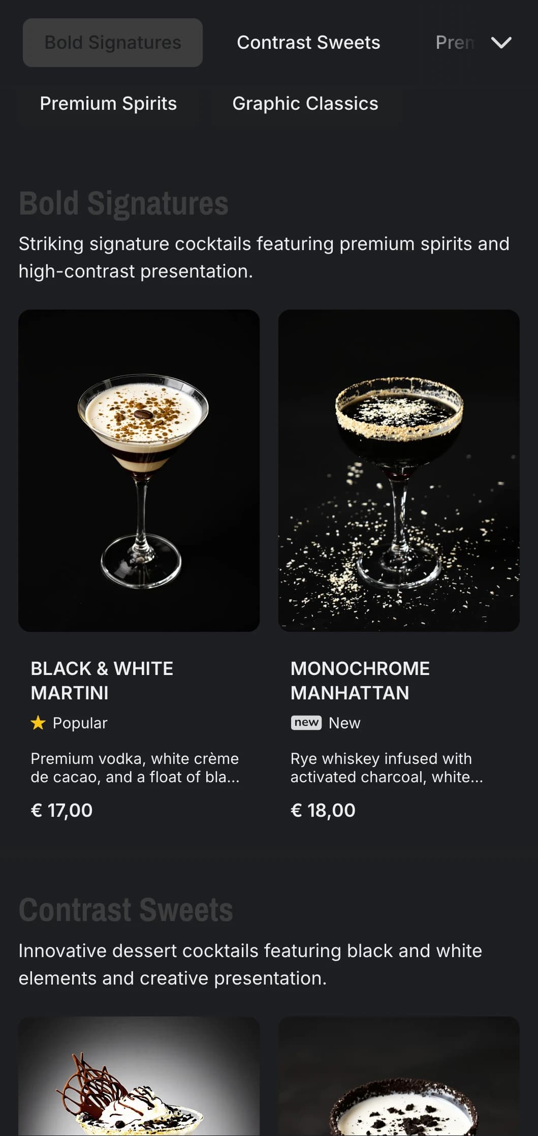A sleek, black and white design for contemporary cocktail bars featuring strong contrast and minimalist typography.