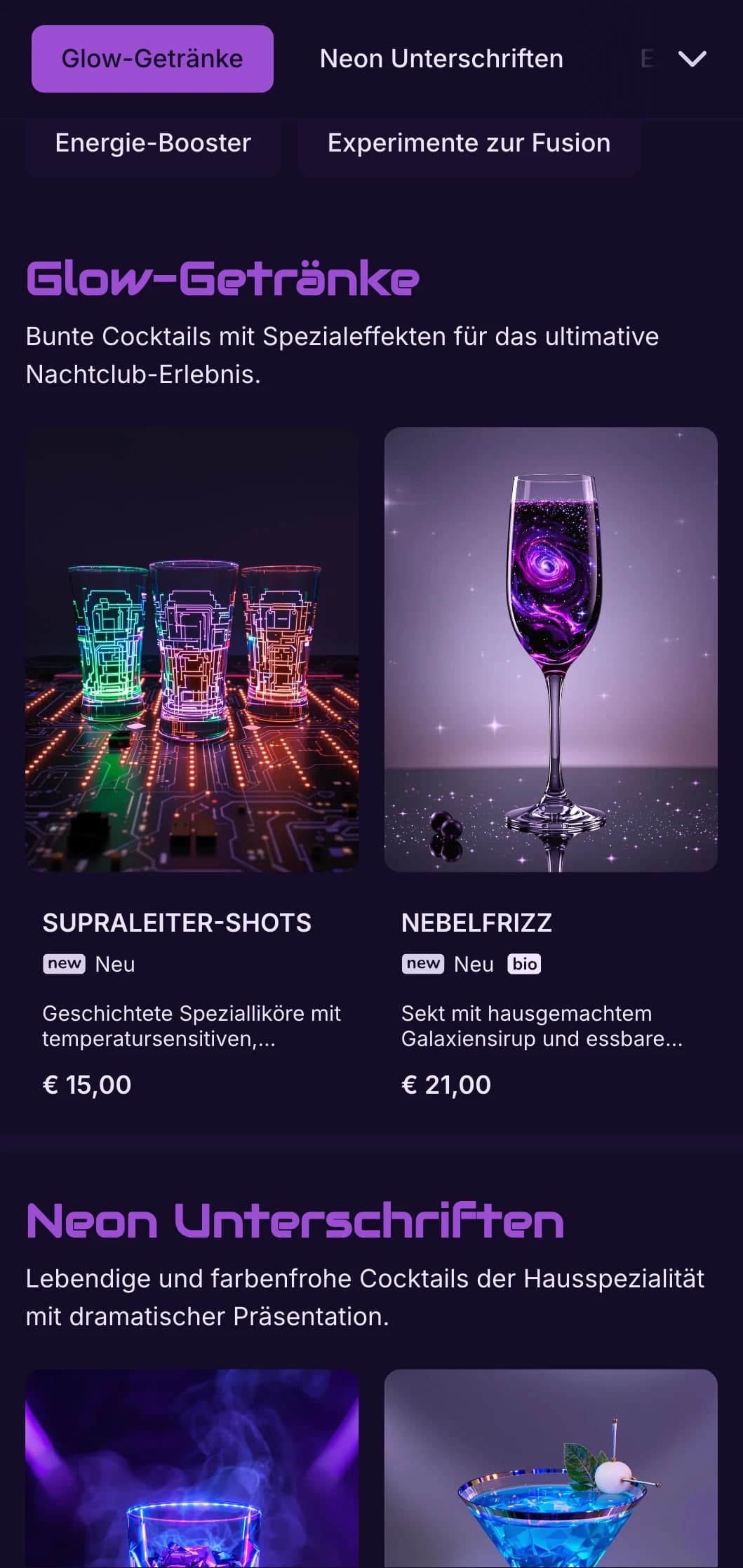 Kontrastreiches lila-schwarzes Design mit Neon-Elementen für moderne Cocktailbars.