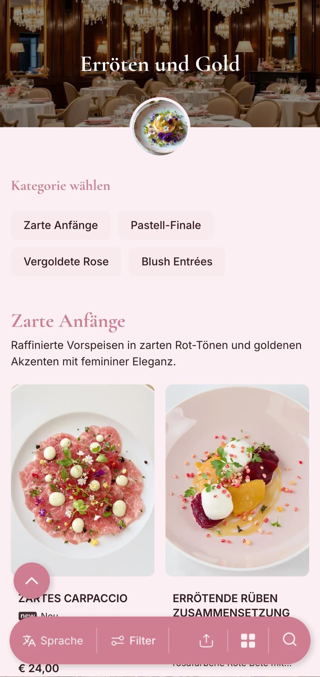 Ein raffiniertes, feminines Konzept in sanften Blush-Tönen mit eleganten goldenen Akzenten für ein zartes Luxus-Erlebnis.