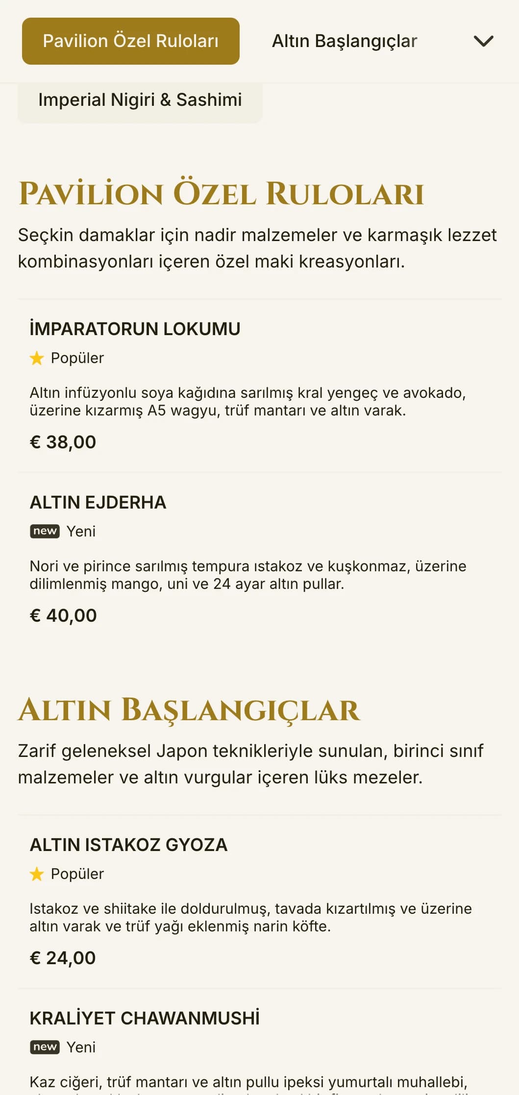 Kyoto'nun ünlü tapınağından esinlenen, zarif tipografi ve geleneksel unsurlar içeren, altın aksanlı lüks suşi menüsü.