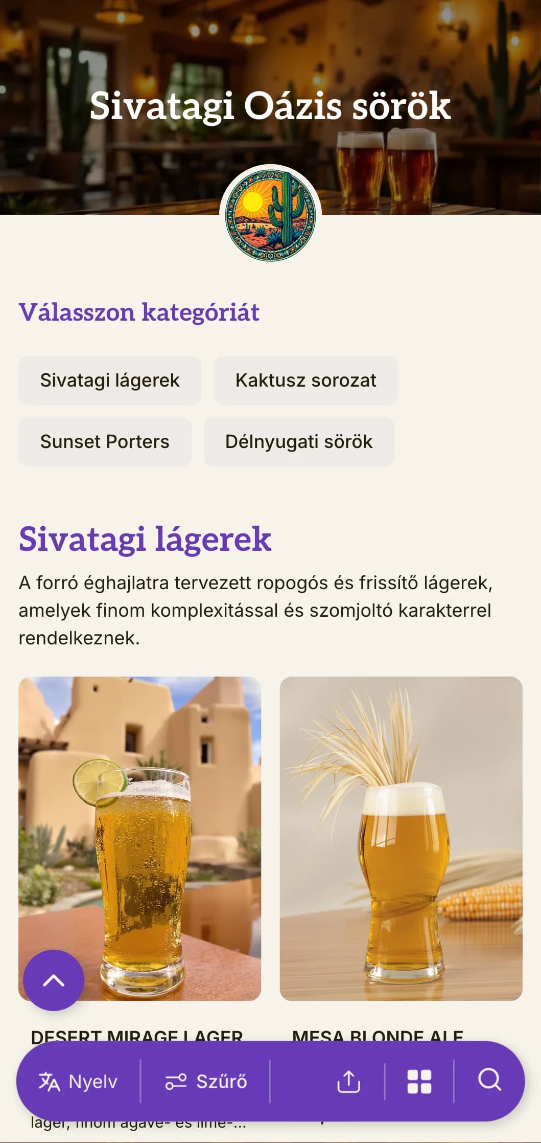 Meleg, földes, délnyugati tájak által inspirált sablon, amely tökéletes sivatagi sörfőzdék és délnyugati témájú bárok számára.