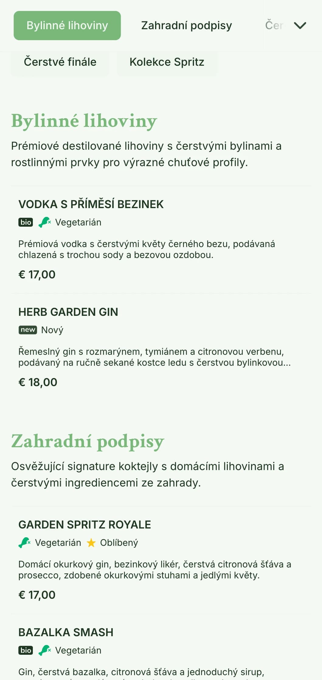 Svěží, zahradou inspirovaný design pro bary specializující se na spritzery a svěží botanické koktejly s lehkou a vzdušnou typografií.