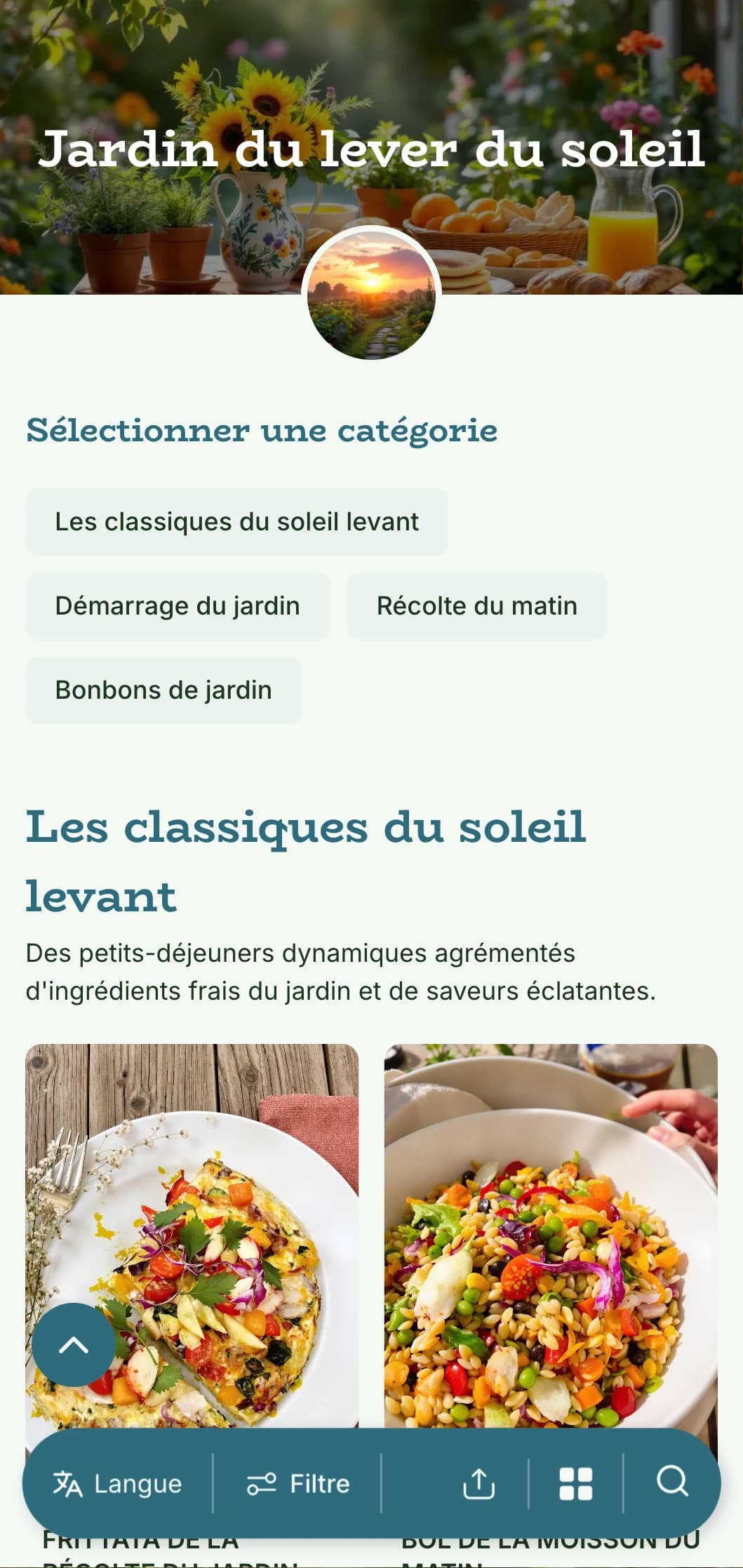 Petit-déjeuner frais, inspiré du jardin, avec des ingrédients biologiques et des présentations vibrantes avec des éléments naturels.