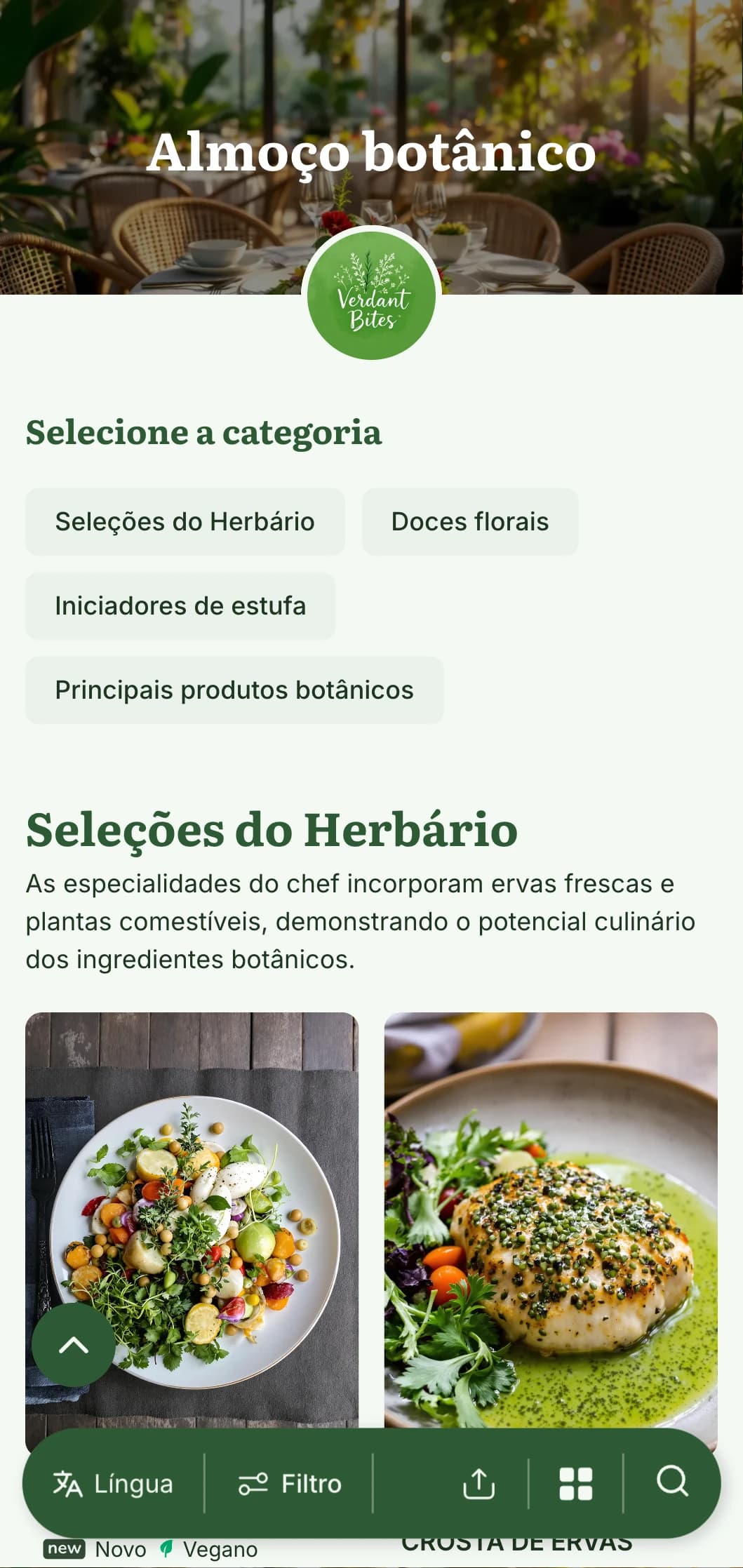 Design de cardápio de almoço exuberante, inspirado em plantas, com ilustrações botânicas e texturas naturais, perfeito para cafeterias com estufas e restaurantes adjacentes a jardins.