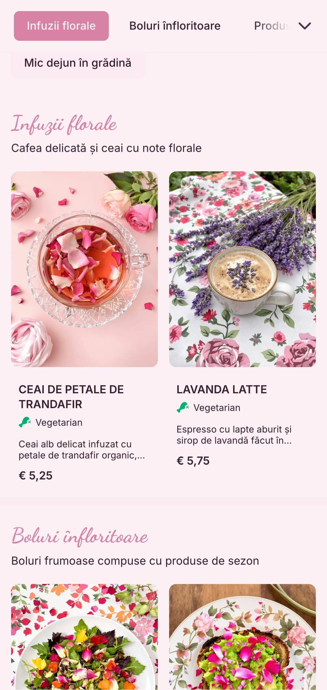 Design romantic roz cu elemente florale pentru saloane de ceai și cafenele feminine.