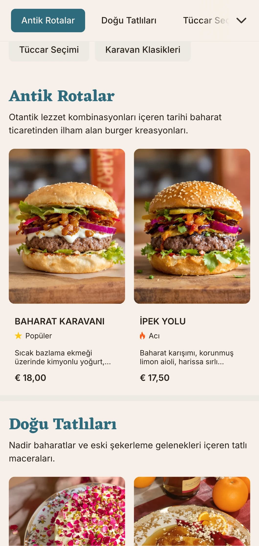 Tarihi lezzet kombinasyonları içeren antik ticaret yollarından ilham alan burger menüsü.
