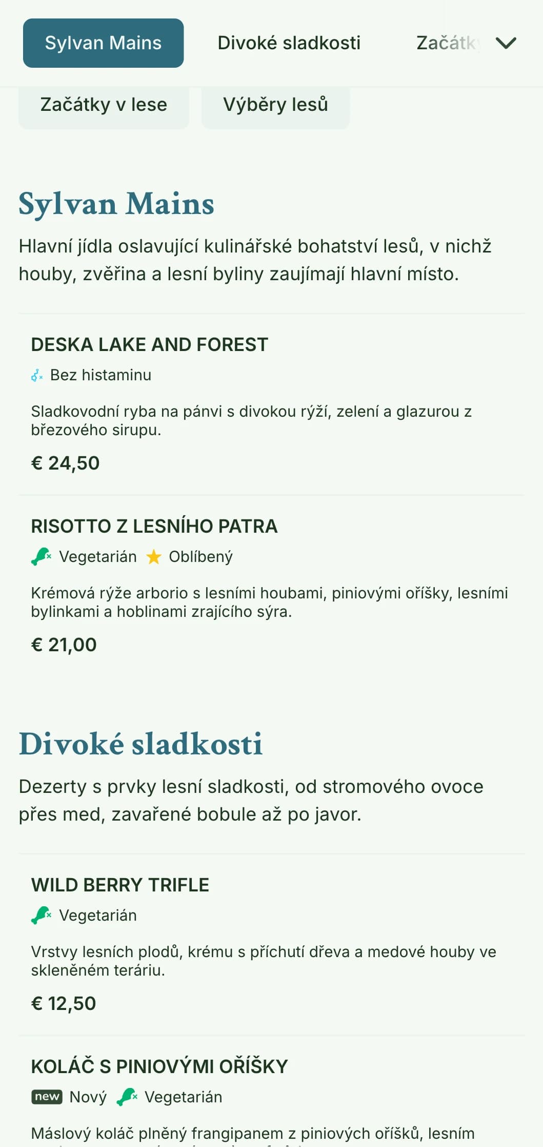 Klidný, lesem inspirovaný design poledního menu s organickými texturami a zemitými tóny, ideální pro restaurace v blízkosti přírodního prostředí a parků.