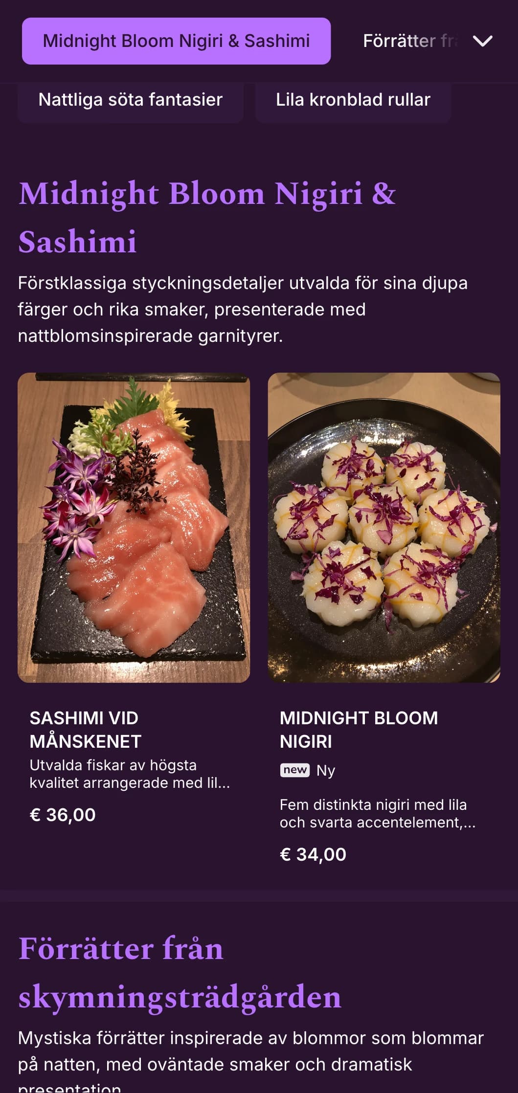 Lyxig sushi-upplevelse på kvällen med djupt lila accenter och dramatiska blomsterelement.