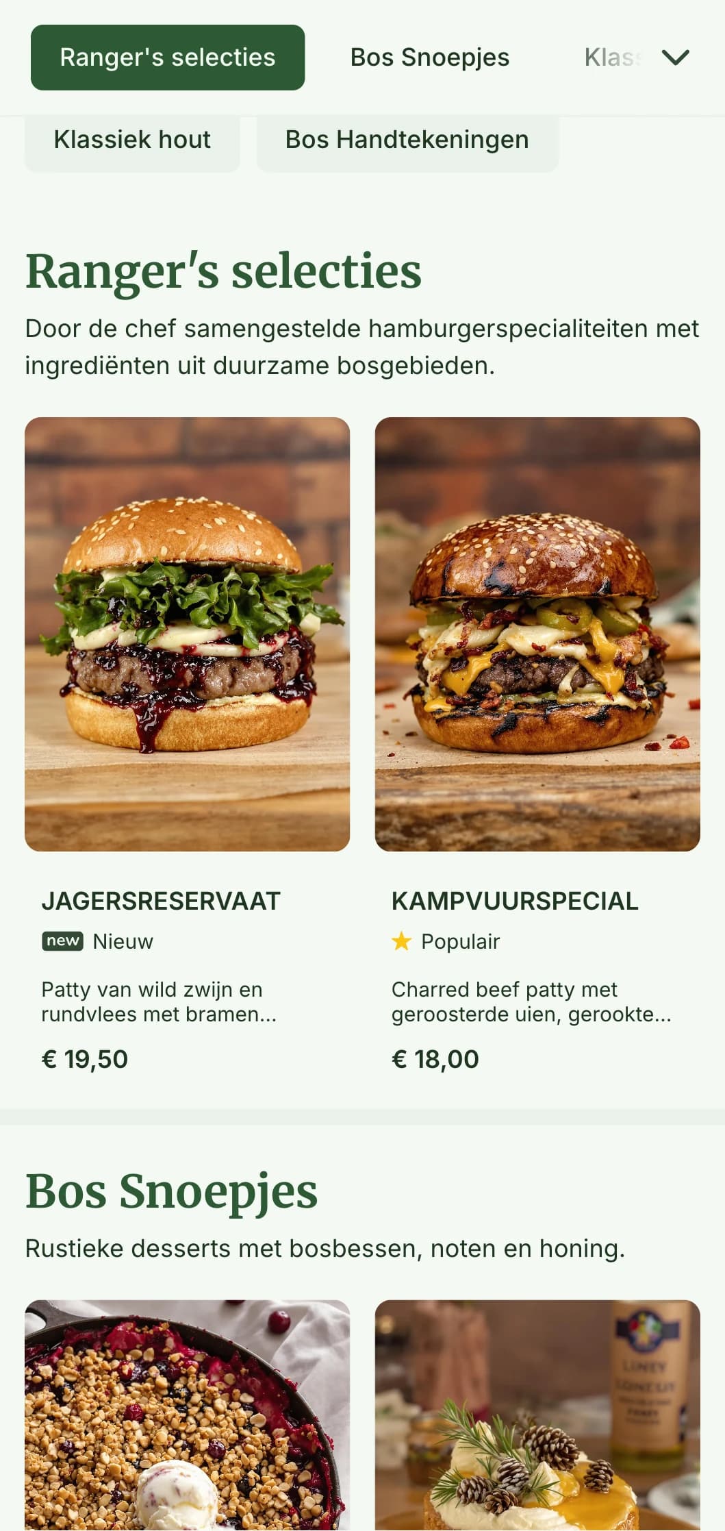 Op het bos geïnspireerde hamburgerervaring met houttexturen en een aards kleurenpalet.