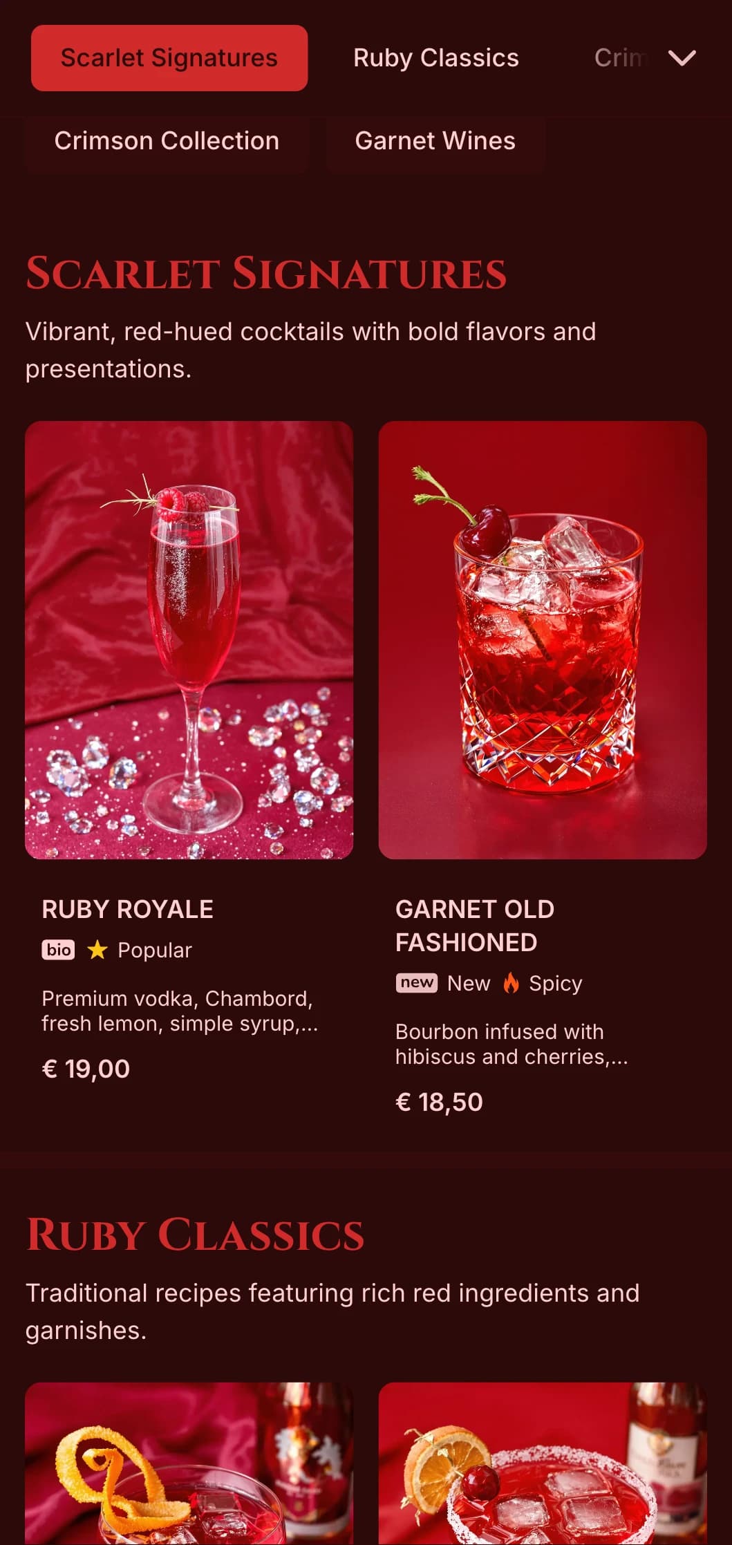 Deep red design with rich textures for passionate wine and cocktail bars.
