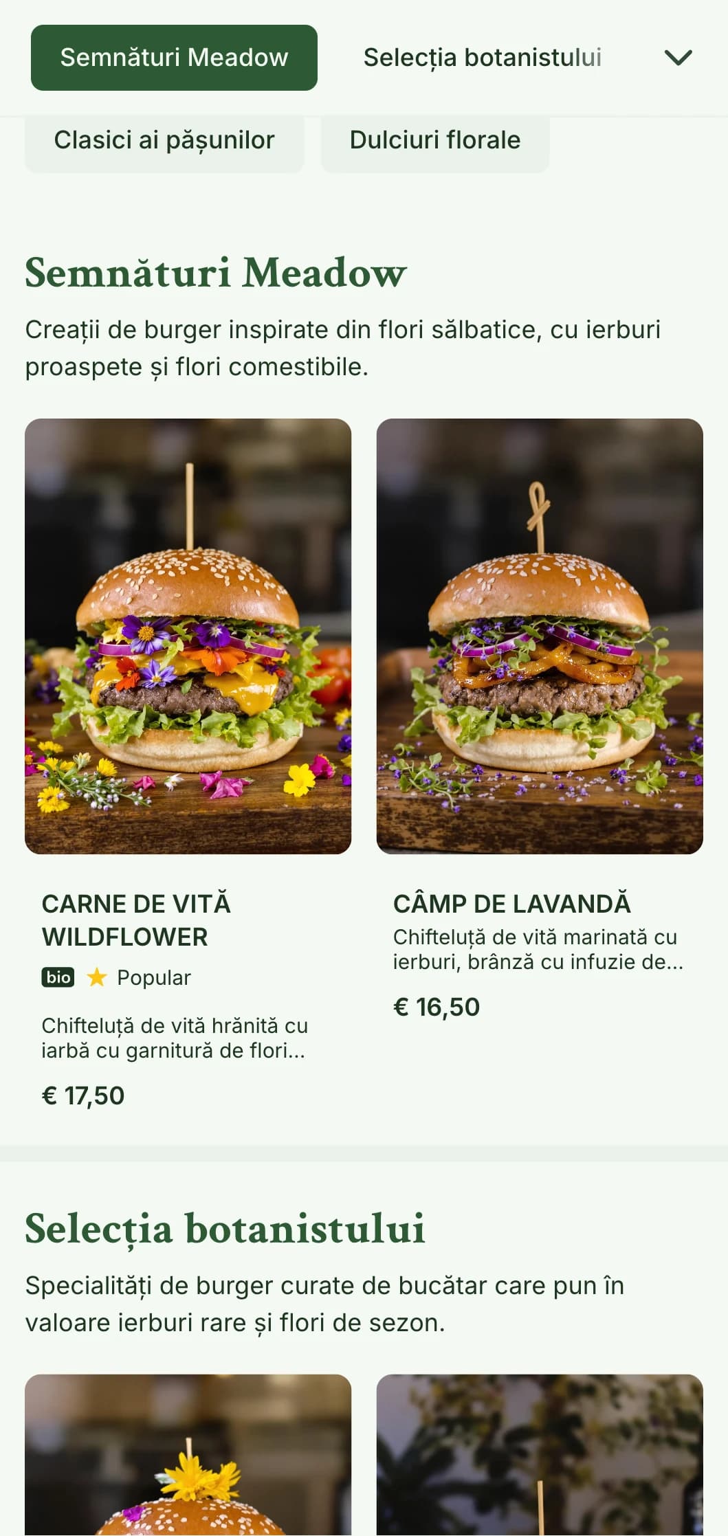 Concept de burger inspirat din flori sălbatice și pășuni, cu o estetică naturală, aerisită.