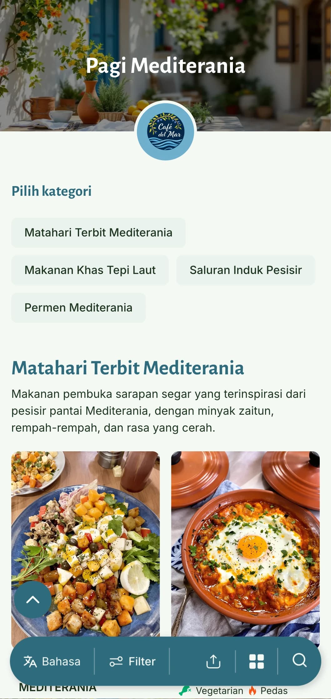 Templat brunch yang cerah dan lapang dengan pengaruh Mediterania, cocok untuk kafe yang menawarkan hidangan sarapan sehat berbahan dasar minyak zaitun.