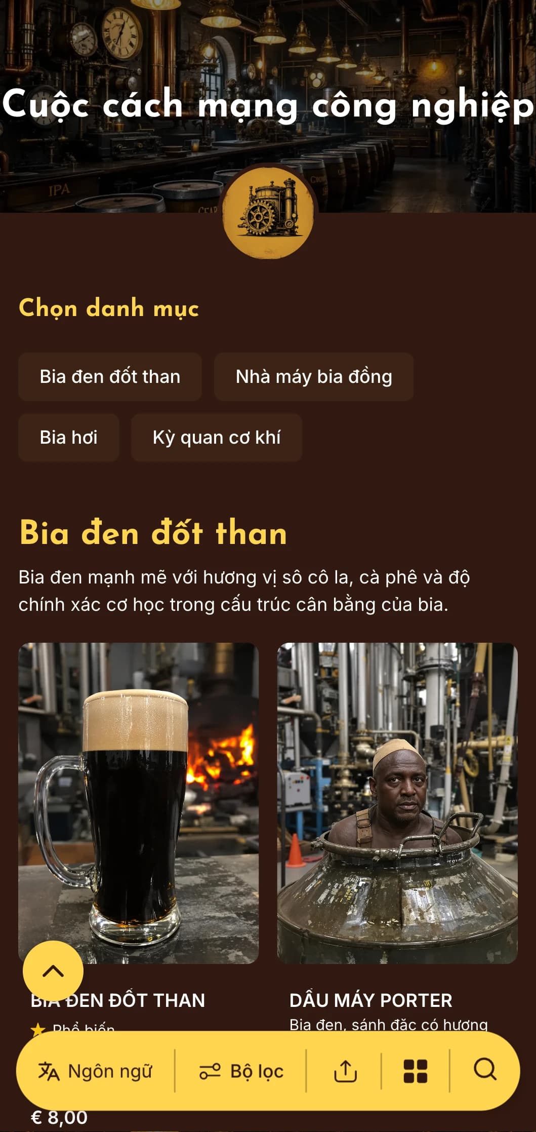 Phong cách công nghiệp chạy bằng hơi nước với điểm nhấn bằng đồng thau và các bộ phận cơ khí, hoàn hảo cho các nhà máy bia theo chủ đề steampunk.