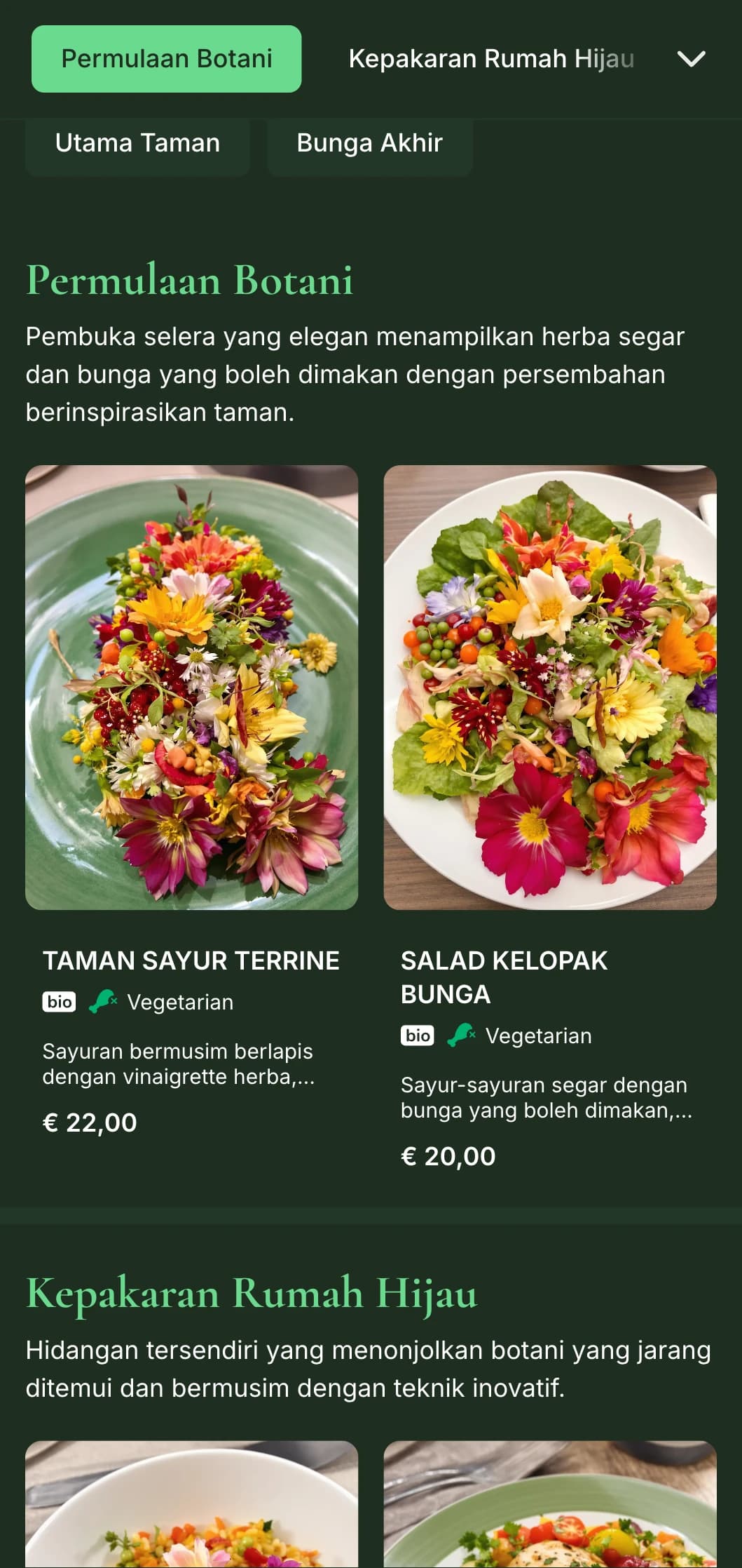 Menu makan malam yang elegan menampilkan unsur botani yang subur dan rona hijau pekat, direka untuk santapan mewah yang diilhamkan oleh taman.