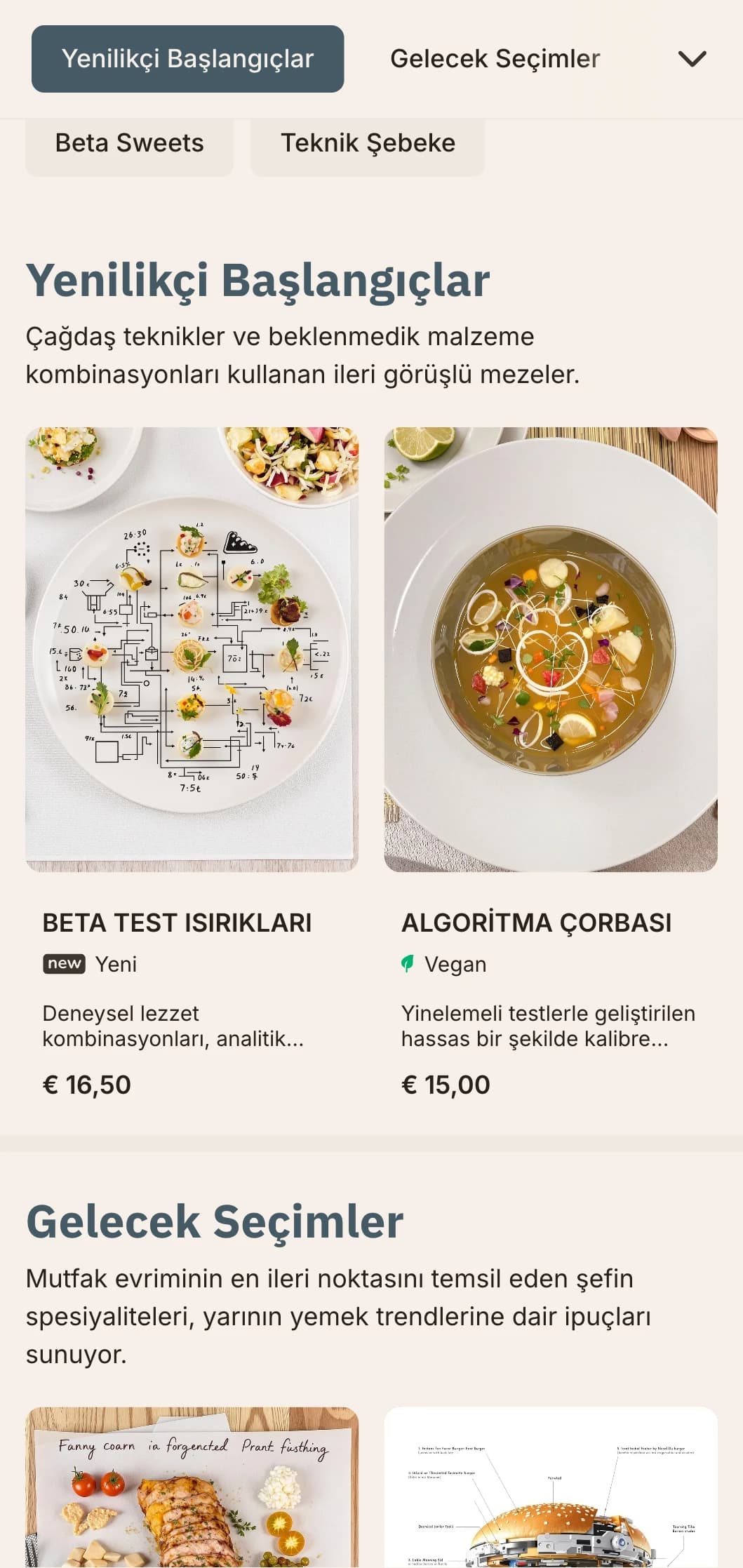 Teknoloji bölgeleri ve inovasyon merkezlerindeki restoranlar için mükemmel olan, dijital öğeler ve fütüristik estetik içeren yenilikçi, teknolojiden ilham alan öğle yemeği menüsü tasarımı.