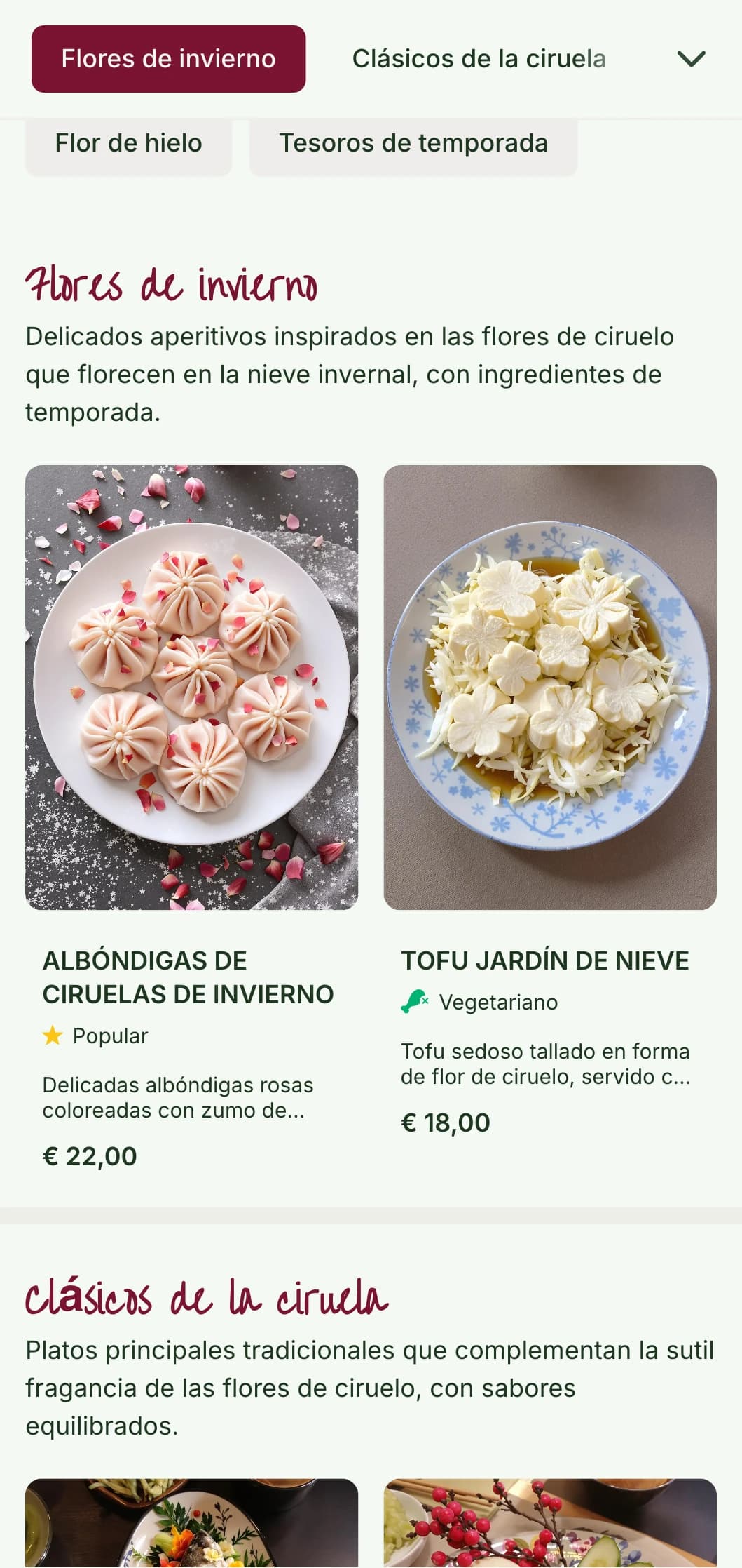 Fresco diseño de menú chino inspirado en las flores de ciruelo, con delicados motivos para la cocina de temporada de invierno y primavera.