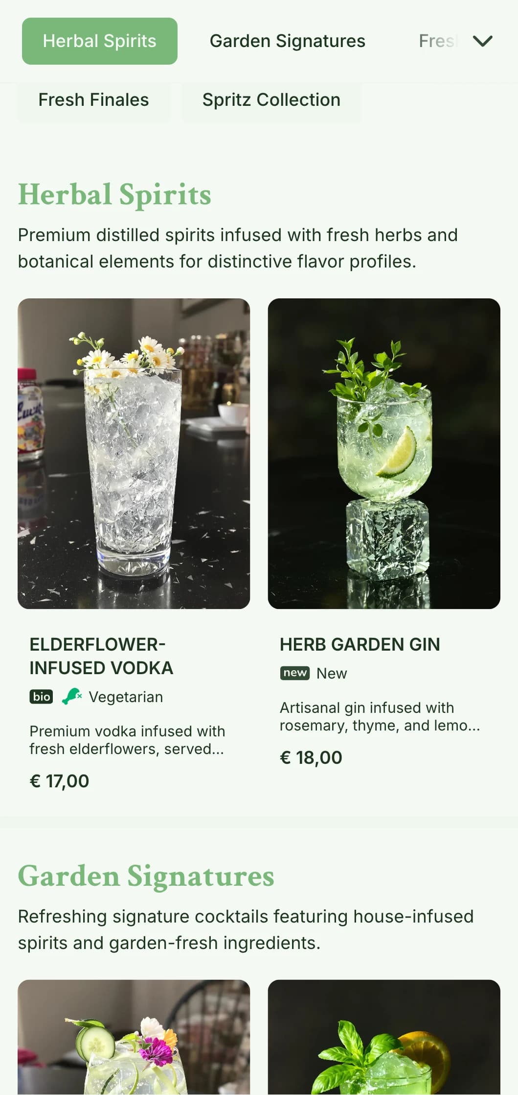 A fresh, garden-inspired design for bars specializing in spritzers and fresh botanical cocktails featuring light, airy typography.