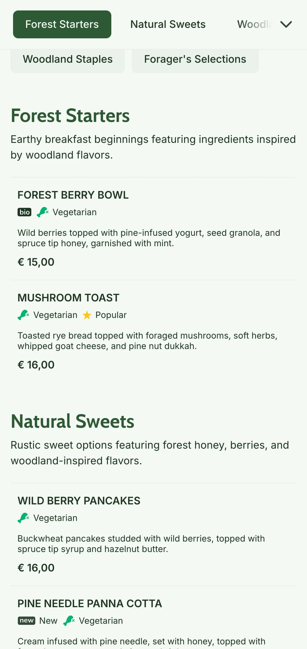 Earthy breakfast selections inspired by woodland ingredients and presented in a rustic, forager-friendly style.
