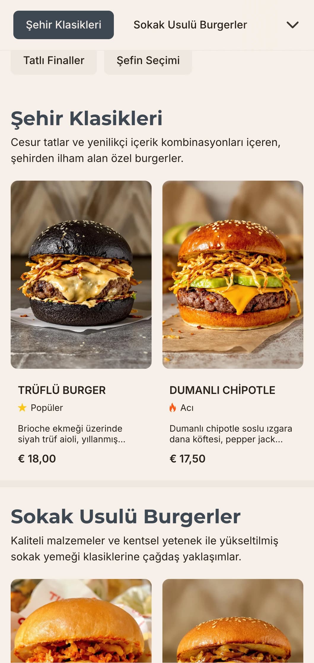 Şehirli yemek meraklıları için minimalist tipografi ve endüstriyel esintili unsurlar içeren şık, çağdaş burger bar tasarımı.