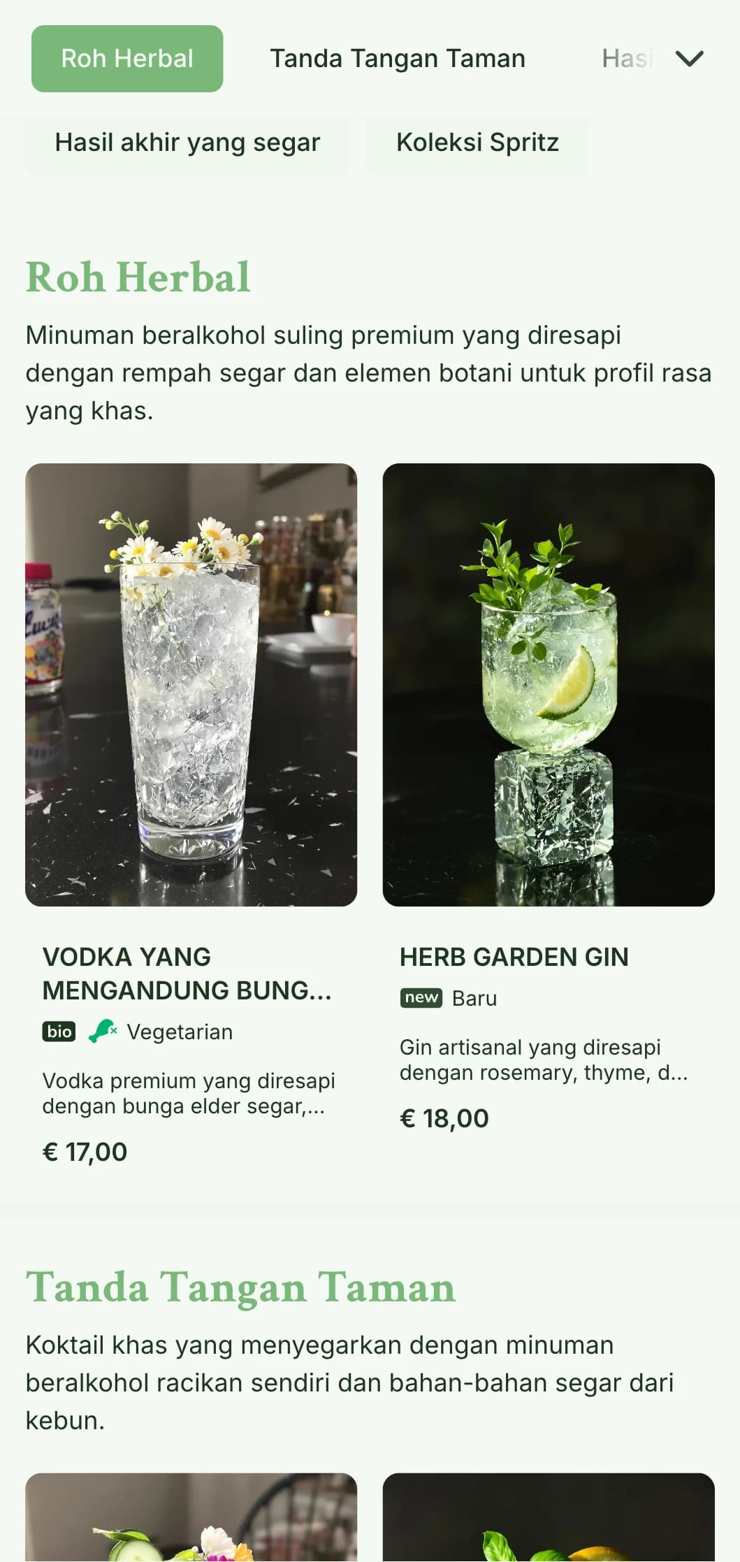 Desain segar yang terinspirasi dari taman untuk bar yang berspesialisasi dalam spritzer dan koktail botani segar yang menampilkan tipografi yang ringan dan lapang.