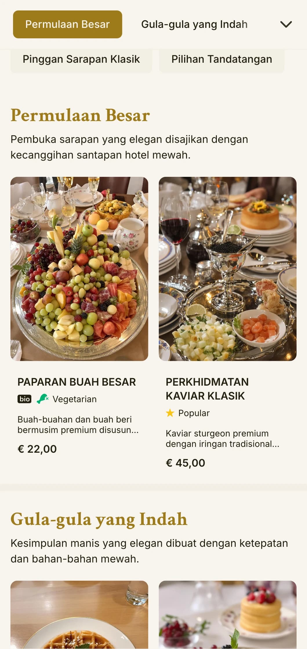 Makan pagi yang canggih menampilkan bahan-bahan premium dan persembahan yang elegan dalam tradisi hotel yang hebat.