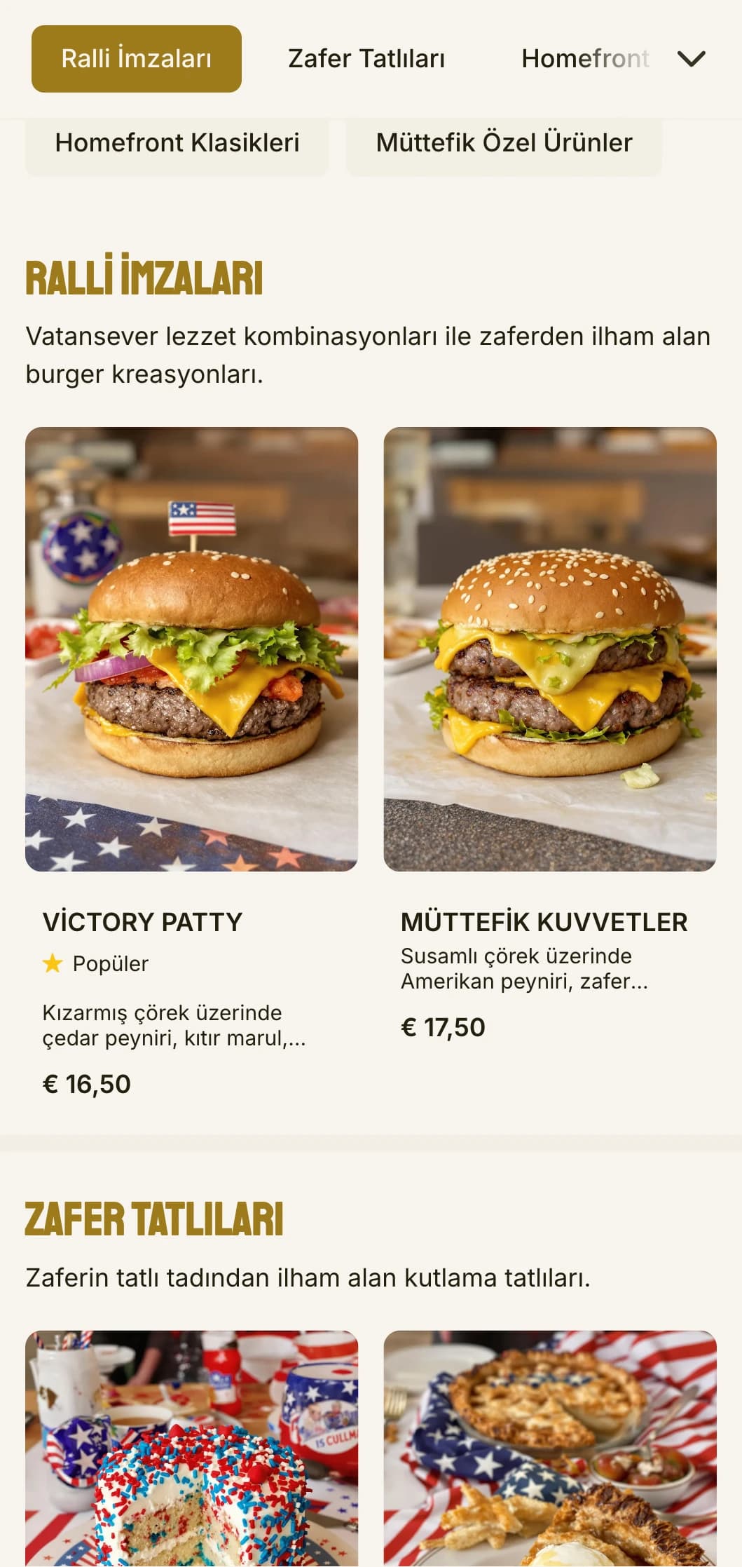 Dünya Savaşı döneminden ilham alan, zafer bahçesi ve vatansever unsurlar içeren hamburger kantini.