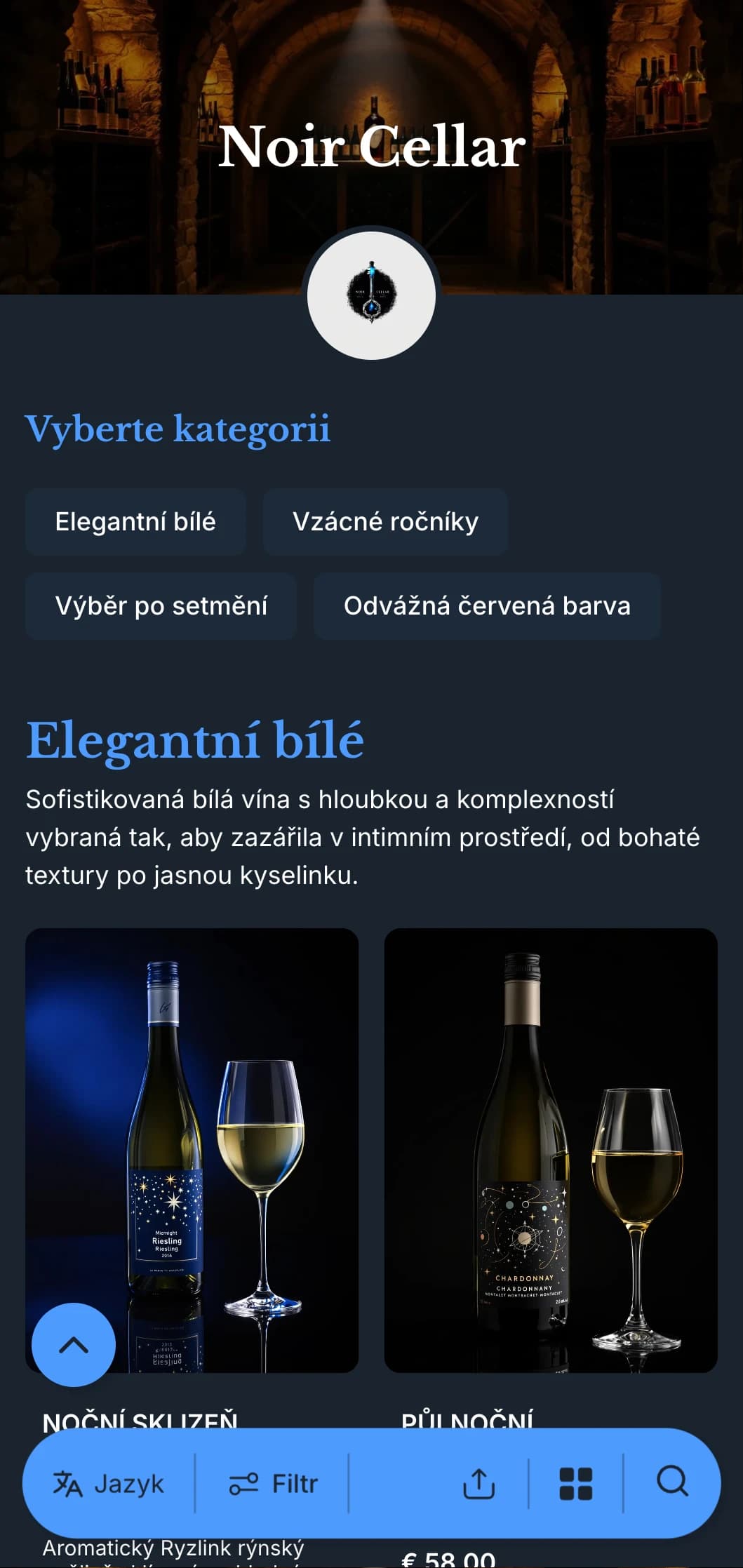 Sofistikovaná šablona vinného lístku s tmavou tématikou s výraznými modrými akcenty na tmavě námořnickém pozadí, ideální pro intimní vinné salónky a večerní podniky.