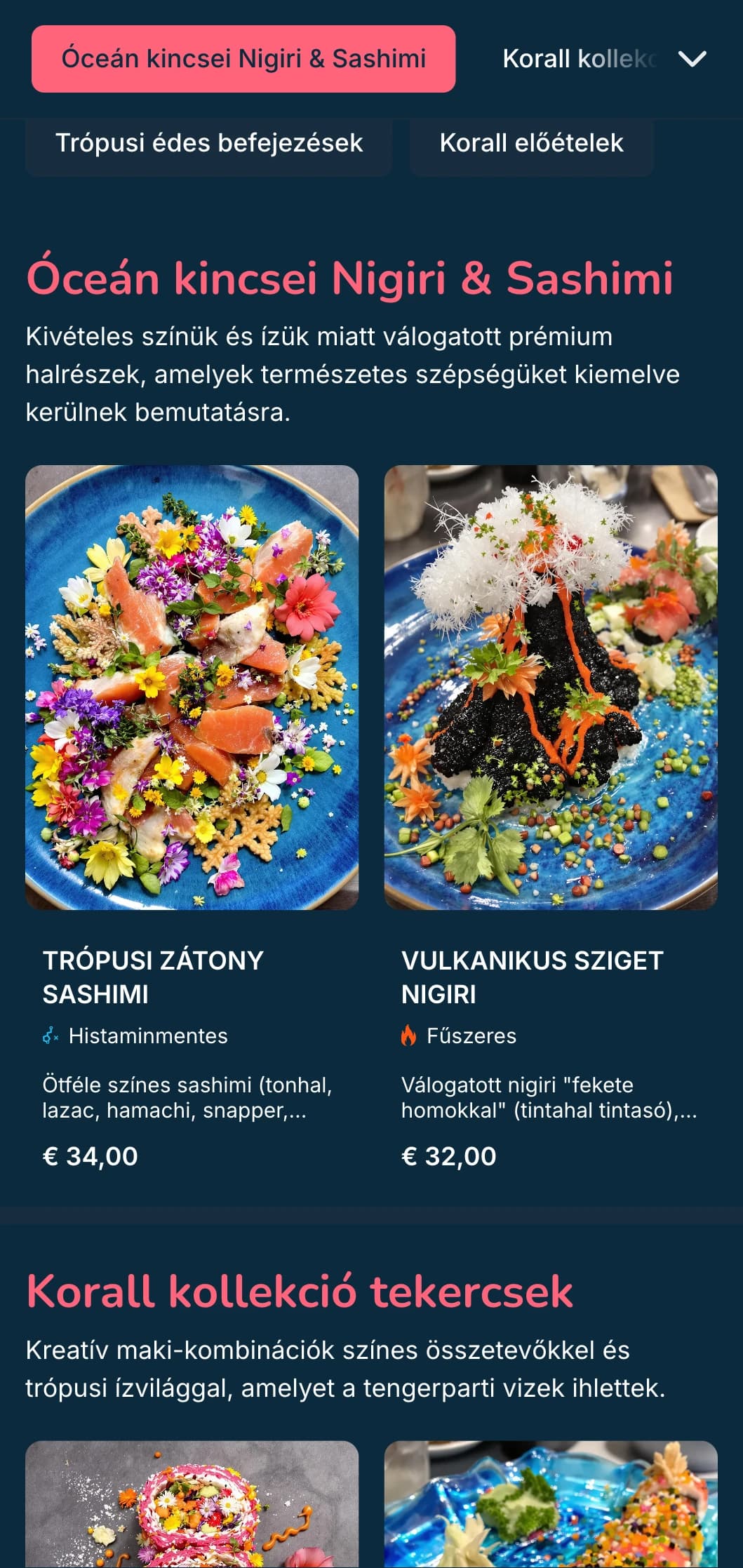 Élénk, óceán ihlette sushi menü, korallrózsaszín akcentusokkal a mélykék háttér előtt, tökéletes a tenger gyümölcsei specialisták számára.