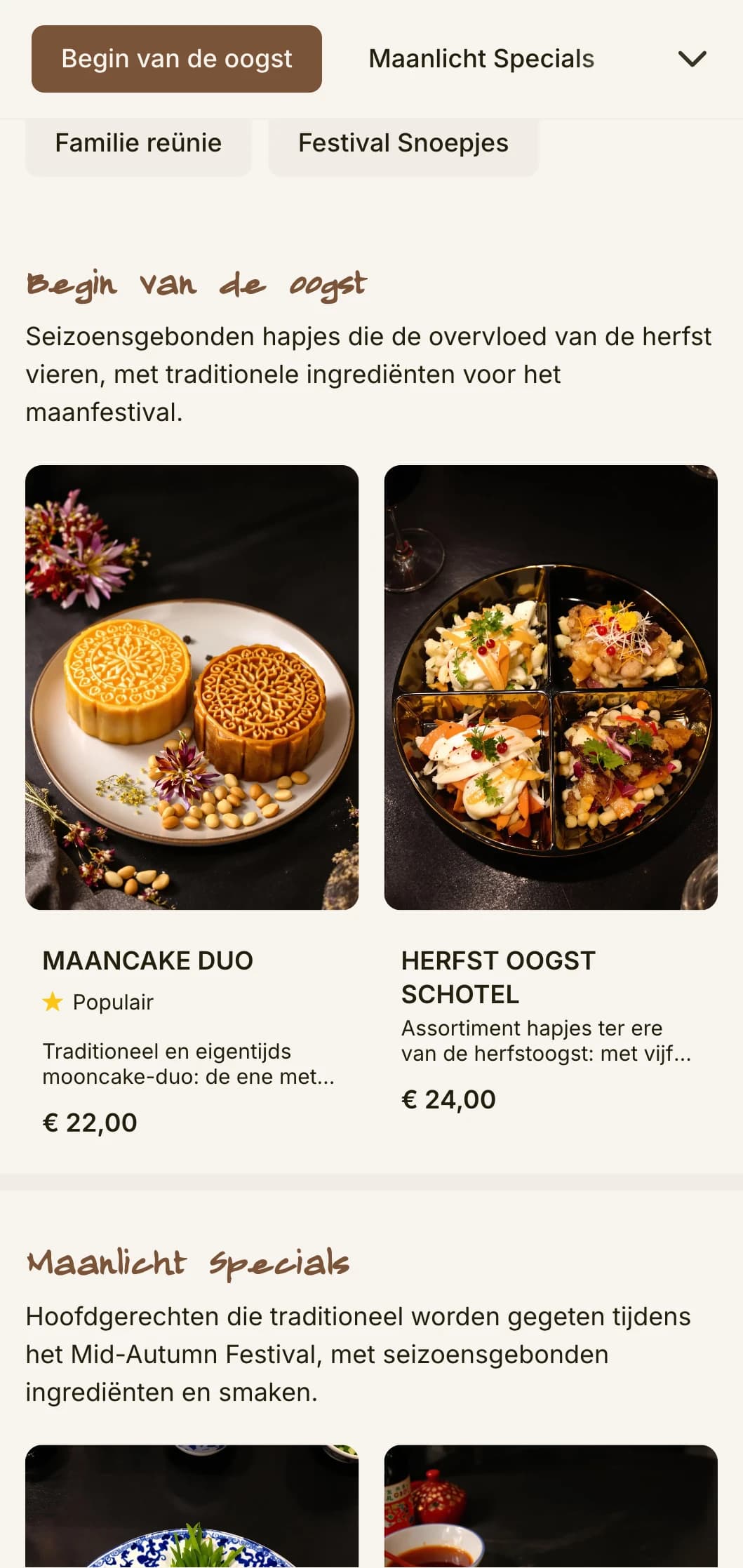 Elegant Chinees menuontwerp geïnspireerd op het Mid-Autumn Festival, met mooncake-motieven en traditionele patronen voor seizoensgebonden specialiteiten.