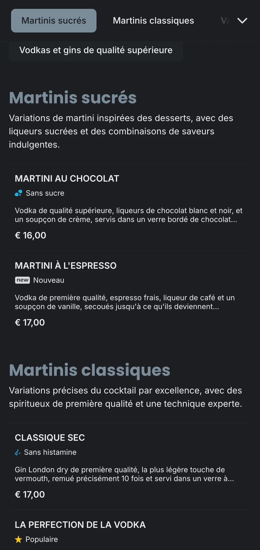 Un menu urbain et sophistiqué pour les bars à martini et les lounges, avec une typographie élégante et des tons gris froids.