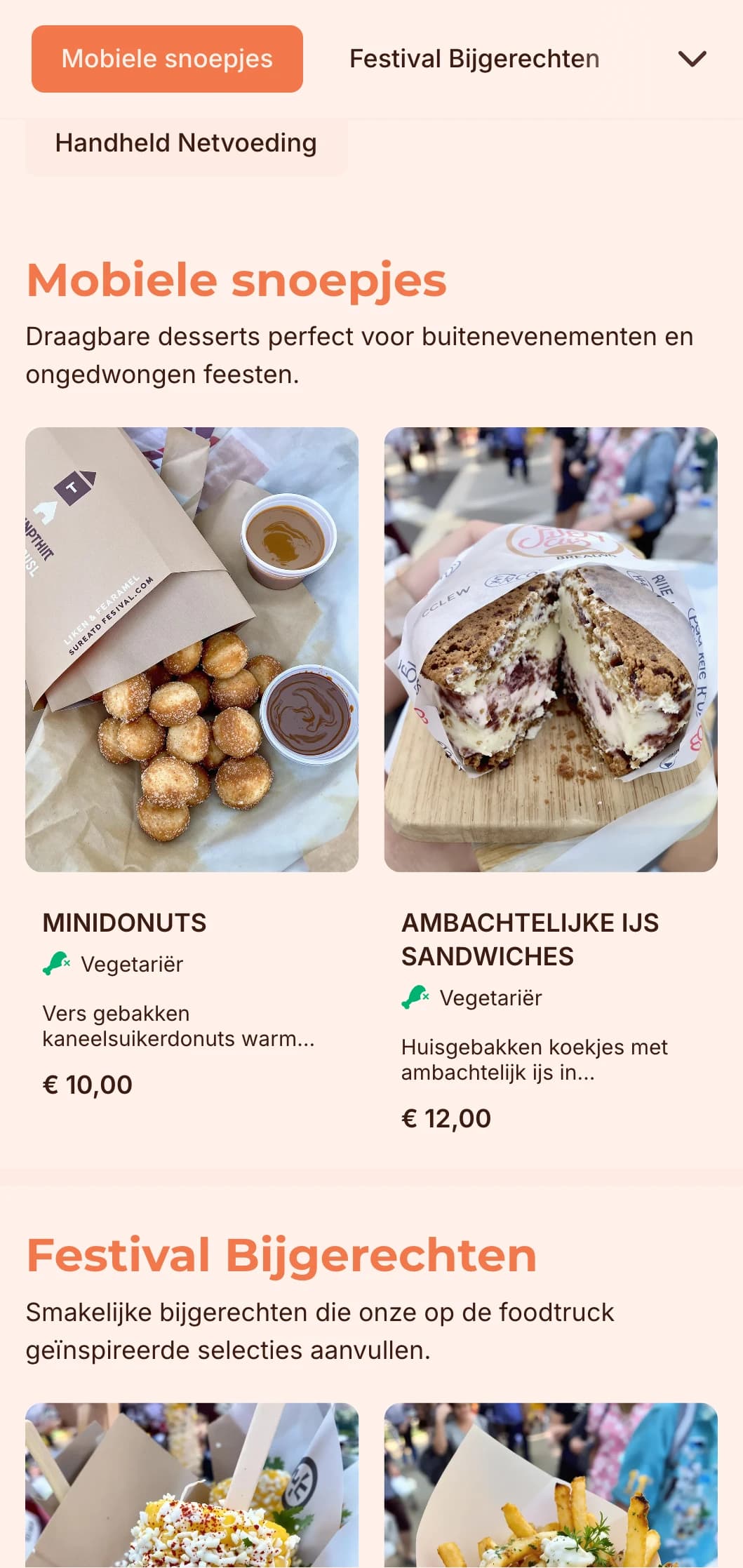 Leuke, laagdrempelige catering geïnspireerd door de foodtruckkeuken, met handzame favorieten en een informele presentatie voor buitenevenementen en festivals.