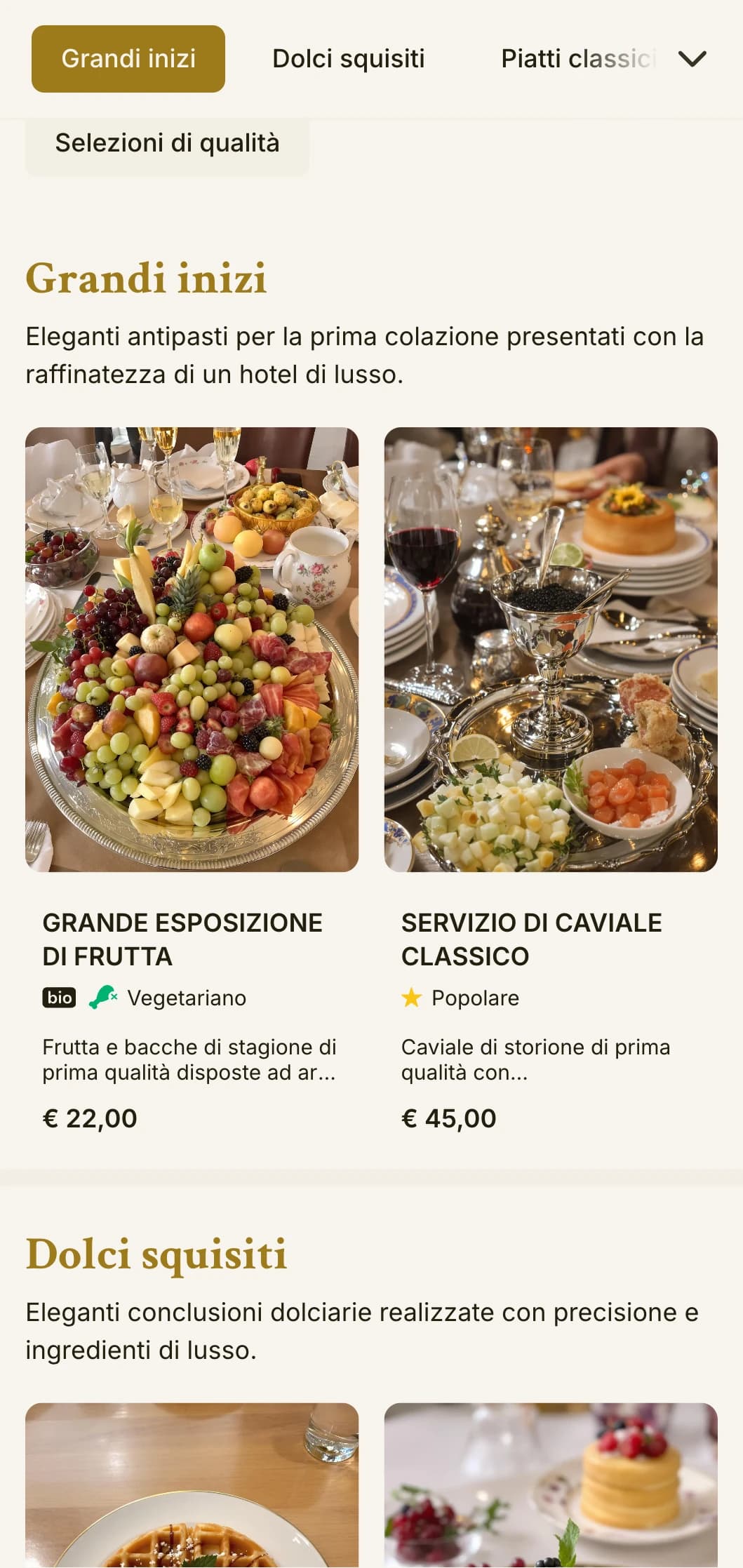 Una raffinata cena mattutina con ingredienti di prima qualità e una presentazione elegante nella tradizione del Grand Hotel.