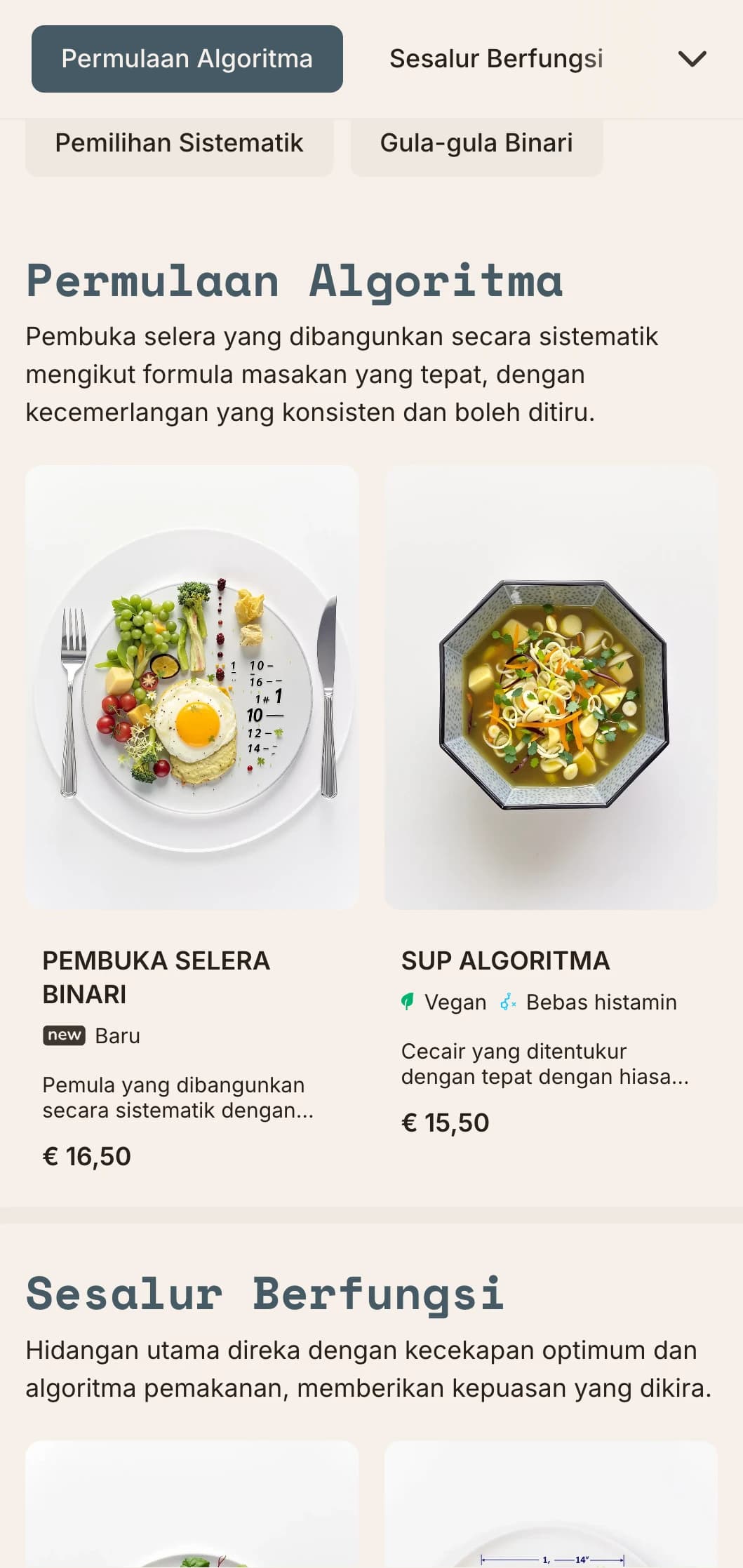 Reka bentuk menu makan tengah hari yang berfokuskan fungsi teknikal dengan elemen matematik dan susun atur yang sistematik, sesuai untuk restoran berorientasikan ketepatan dan restoran konsep.