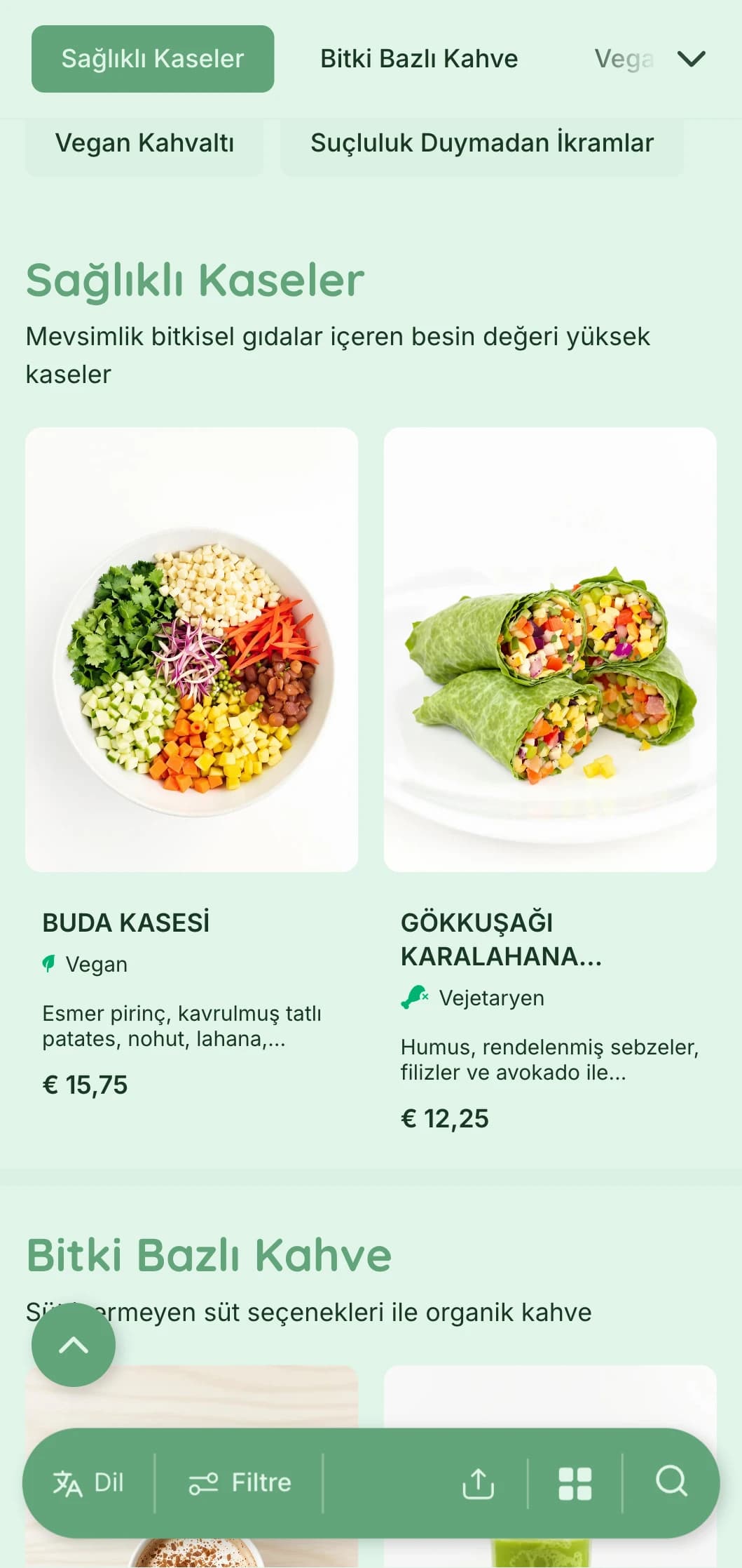 Vegan kafeler ve sağlıklı gıda noktaları için bitki bazlı teklifleri vurgulayan taze yeşil tasarım.