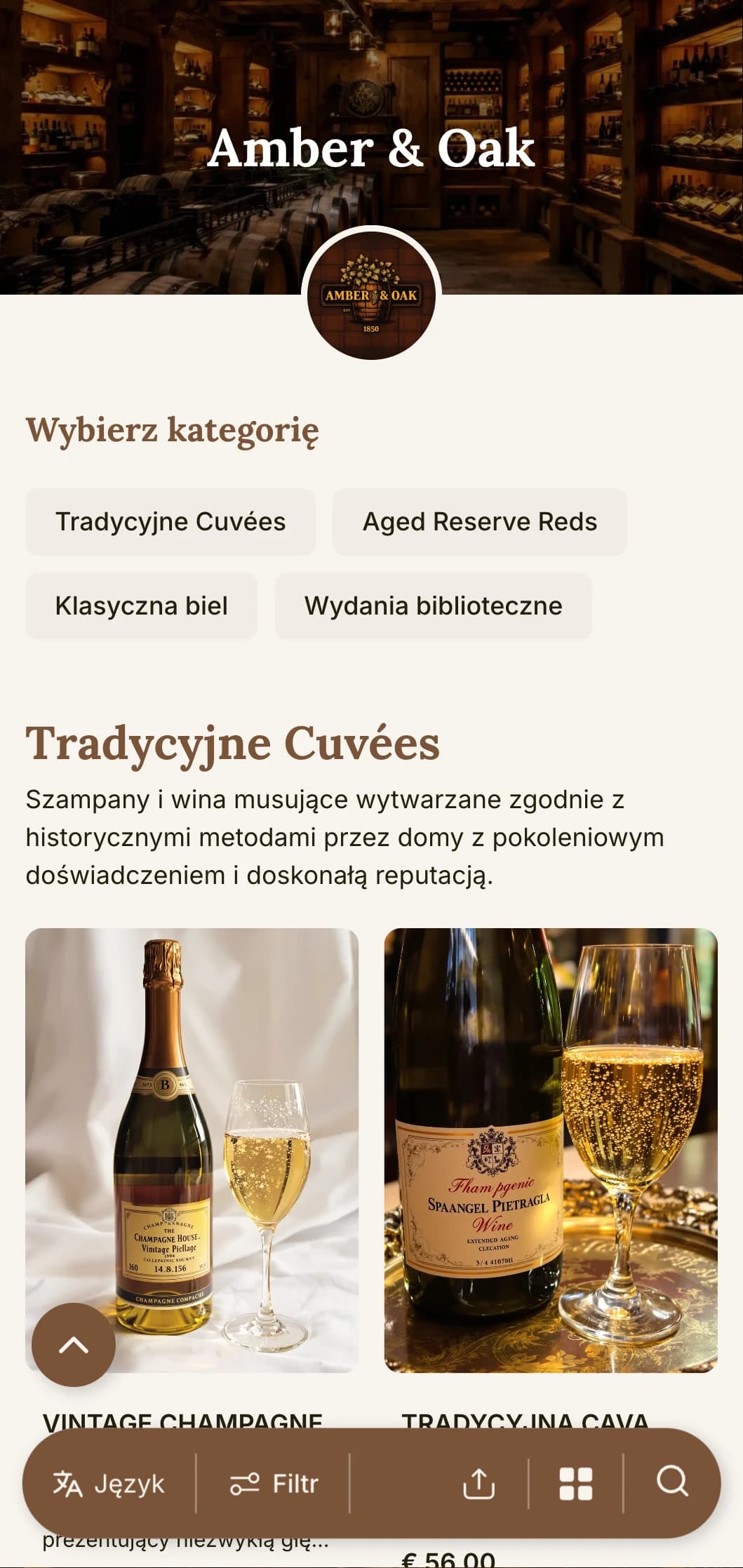 Ciepły, tradycyjny szablon karty win z bursztynowymi i dębowymi akcentami, idealny dla uznanych winiarni i tradycyjnych restauracji z programami piwnicznymi.
